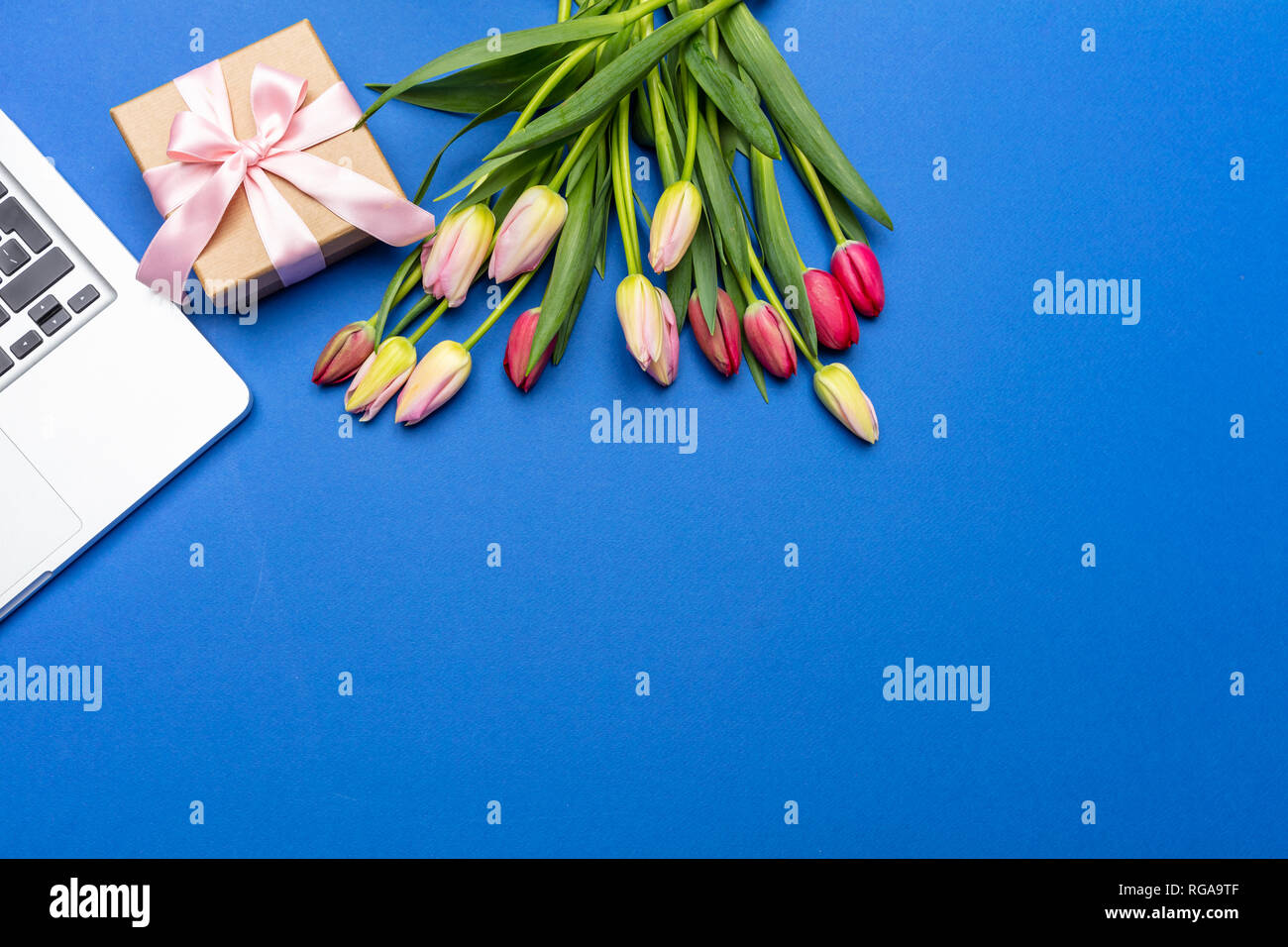 Le madri, womens giorno, concetto. Bouquet di tulipani, una confezione regalo e il computer portatile su un blu brillante background, vista dall'alto, spazio di copia Foto Stock