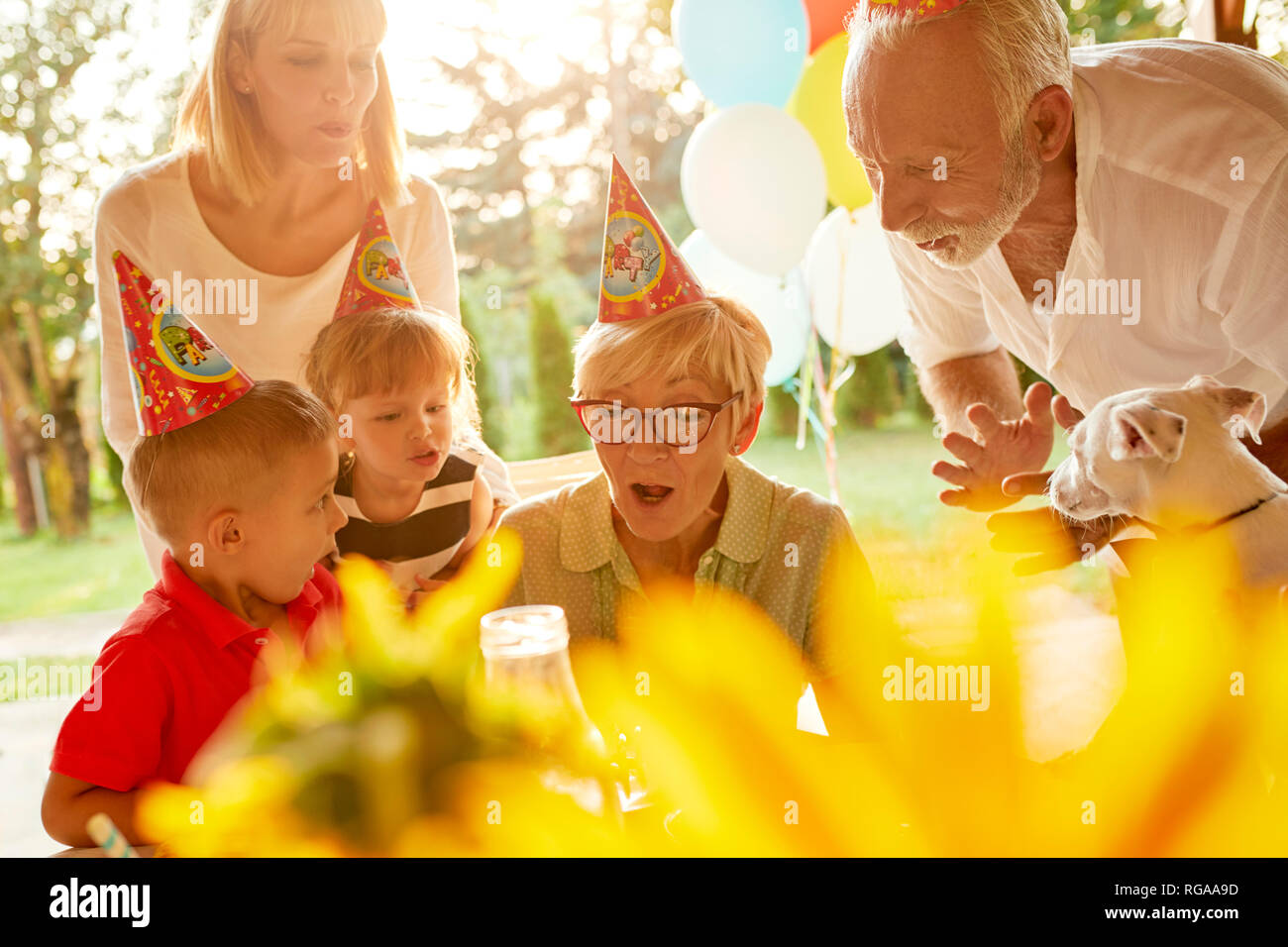 Felice famiglia estesa su un giardino festa di compleanno Foto Stock