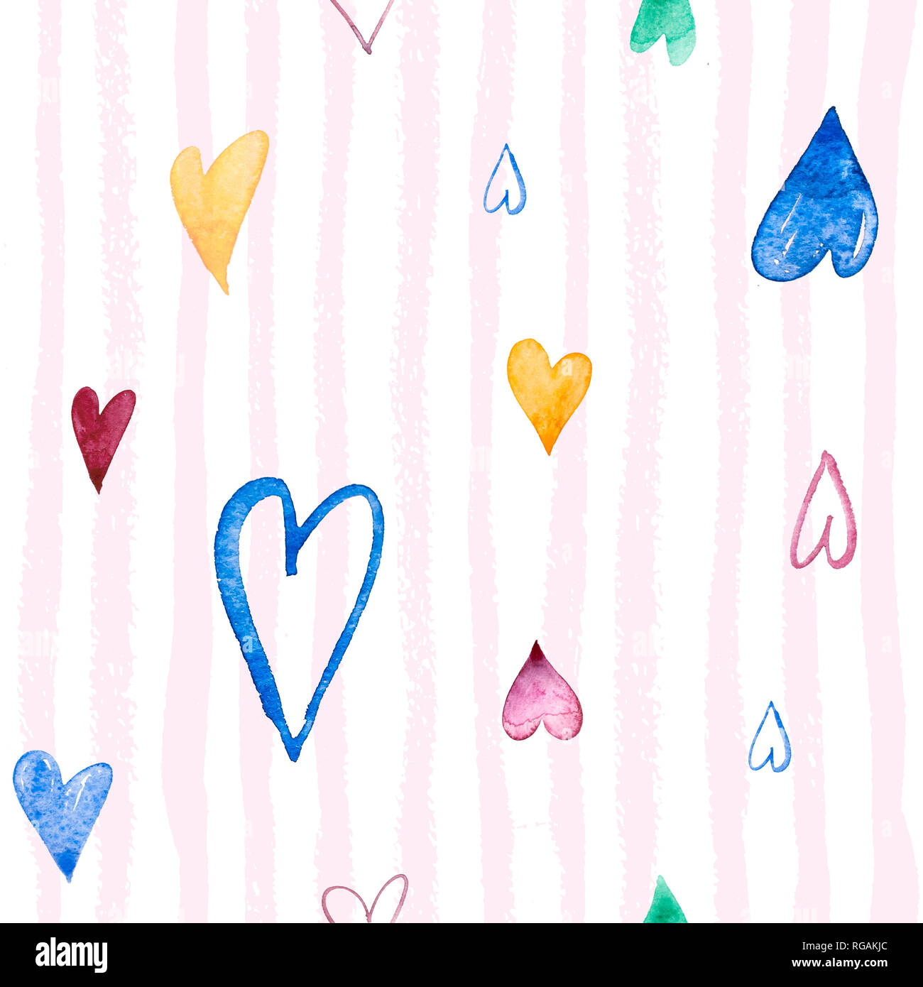 Disegnate a mano doodle seamless pattern con cuori. su uno sfondo a strisce può essere utilizzato per l invito a nozze, scheda per il giorno di San Valentino o carta di circa Foto Stock