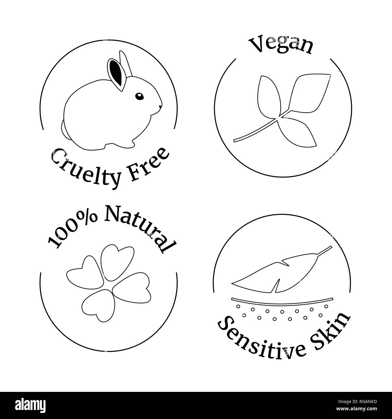 Set di vettore di logo design template, le icone e i badge per naturale e cosmetici biologici - crudeltà gratuita, stile di disegno Illustrazione Vettoriale