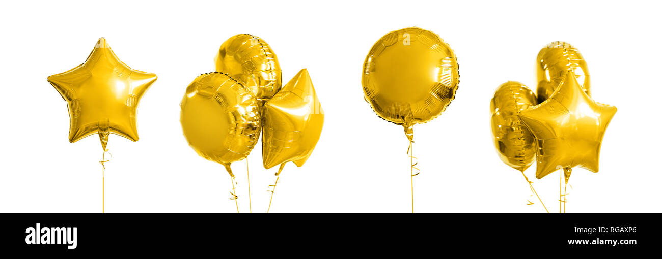 Molti metallizzato oro palloni di elio su bianco Foto Stock
