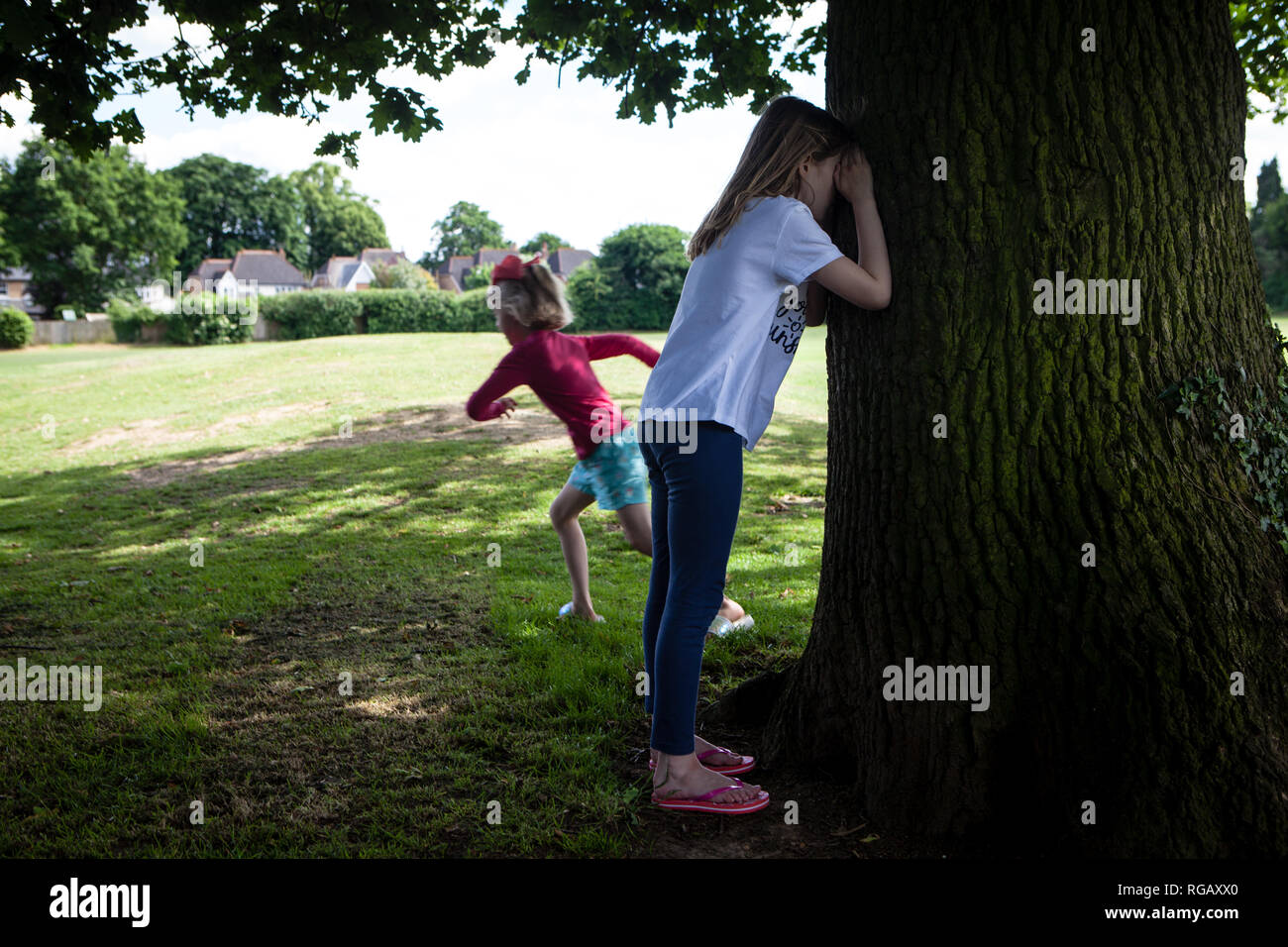Due ragazze di giocare a nascondino in un parco in estate Foto Stock