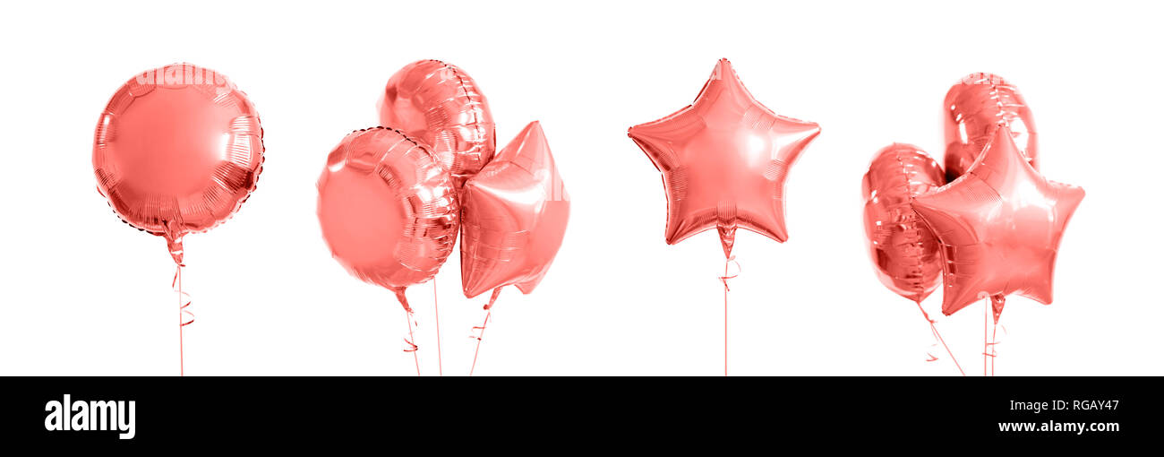 Rosa metallizzato oro palloni di elio su bianco Foto Stock