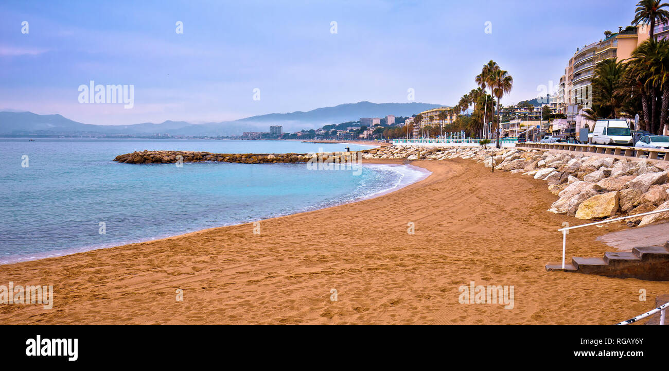 Cannes spiaggia di sabbia e il lungomare di palme vista panoramica, famosa destinazione turistica della riviera francese, Alpes Maritimes regione della Francia Foto Stock