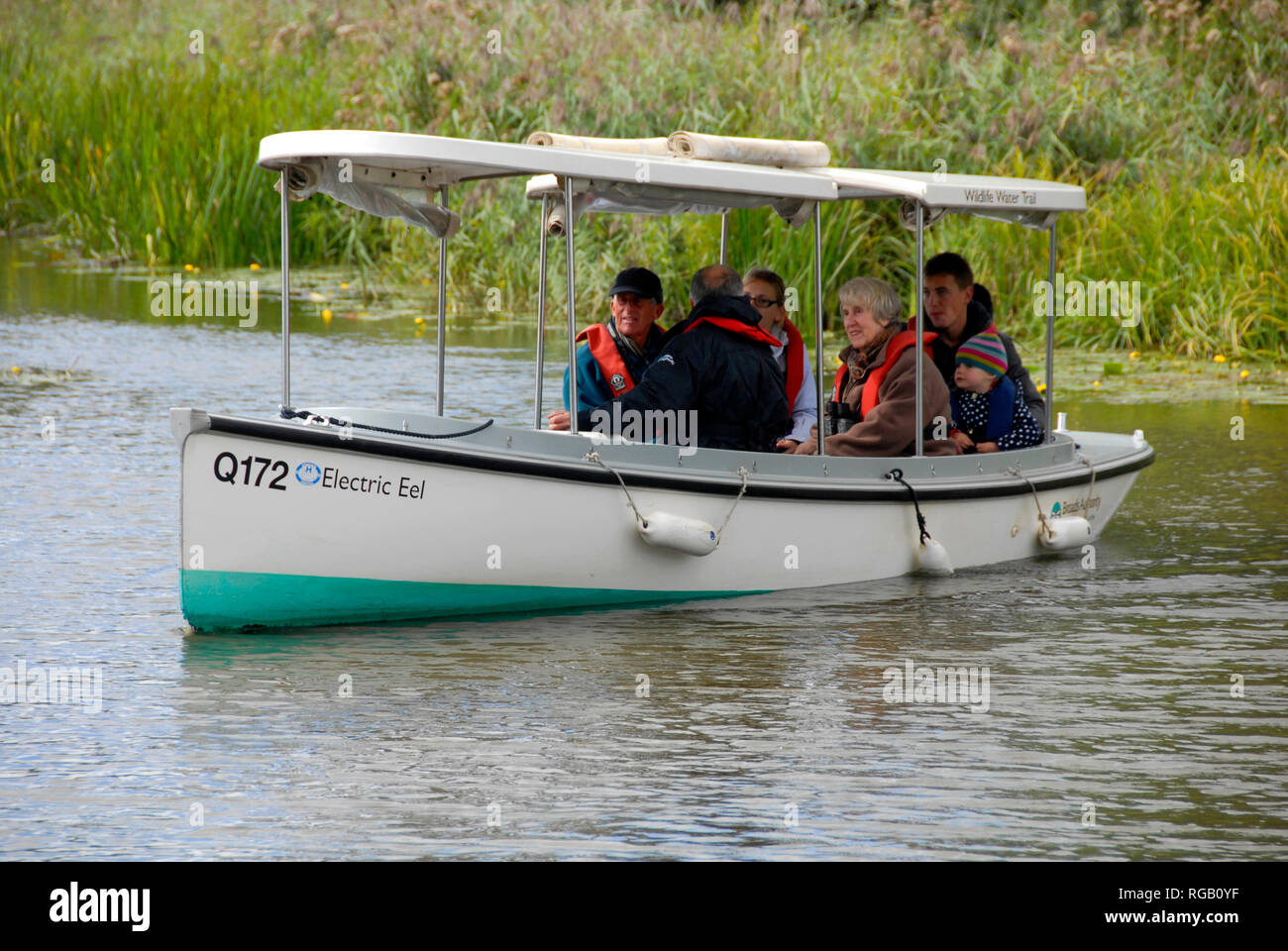 La piccola elettrica-powered barca sul fiume Ant, Norfolk Broads, Inghilterra, prendendo un piccolo gruppo di persone su un sentiero natura Foto Stock