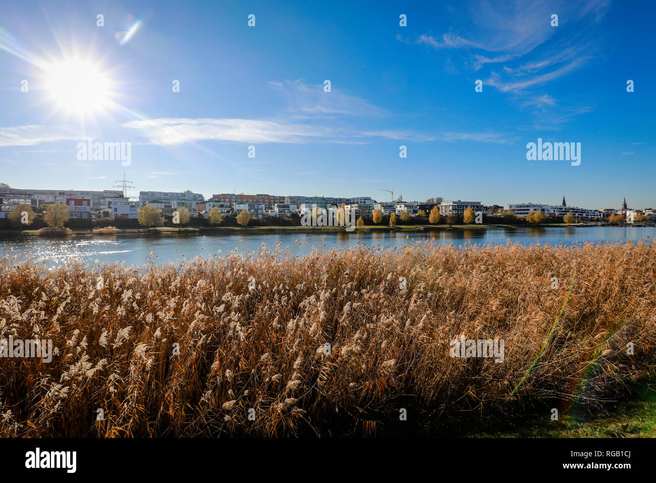 Dortmund, Renania settentrionale-Vestfalia, la zona della Ruhr, Germania - Lago di Phoenix, Lago di Phoenix è un lago artificiale sulla ex acciaierie Phoenix-Ost sito in D Foto Stock