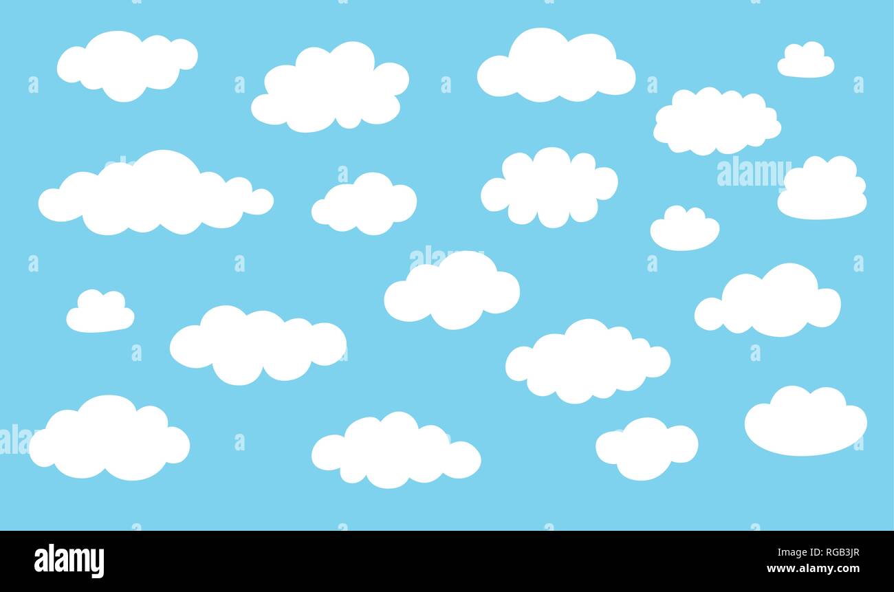 Raccolta icone cloud. Nuvole bianche isolato su blu il colore dello sfondo. Illustrazione Vettoriale