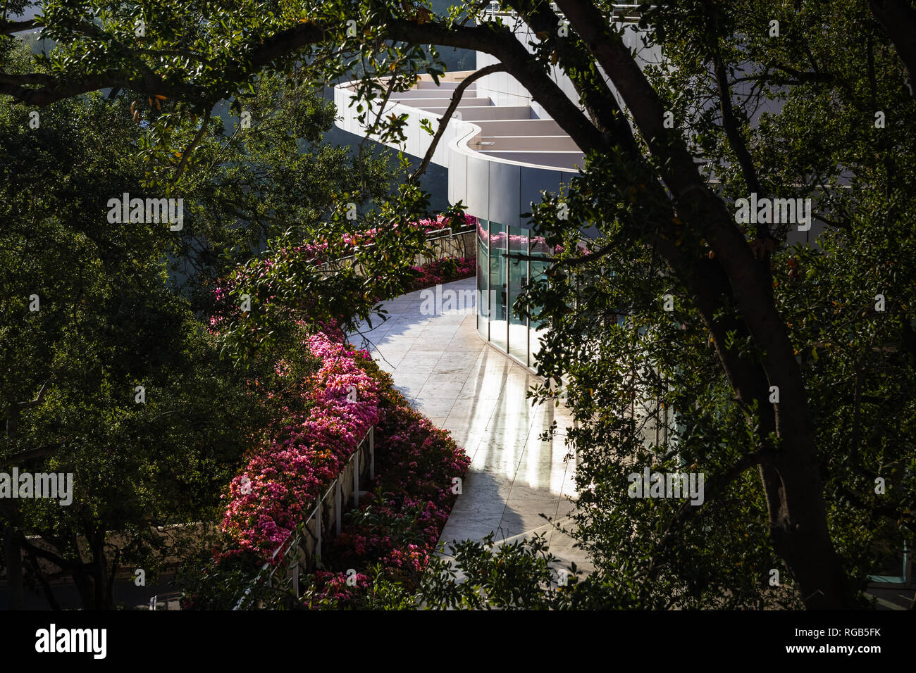 Giugno 8, 2018 Los Angeles / CA / STATI UNITI D'AMERICA - bella luce riflessa dalle finestre di vetro di uno degli edifici di Getty Center circondato da un lussureggiante giardino Foto Stock