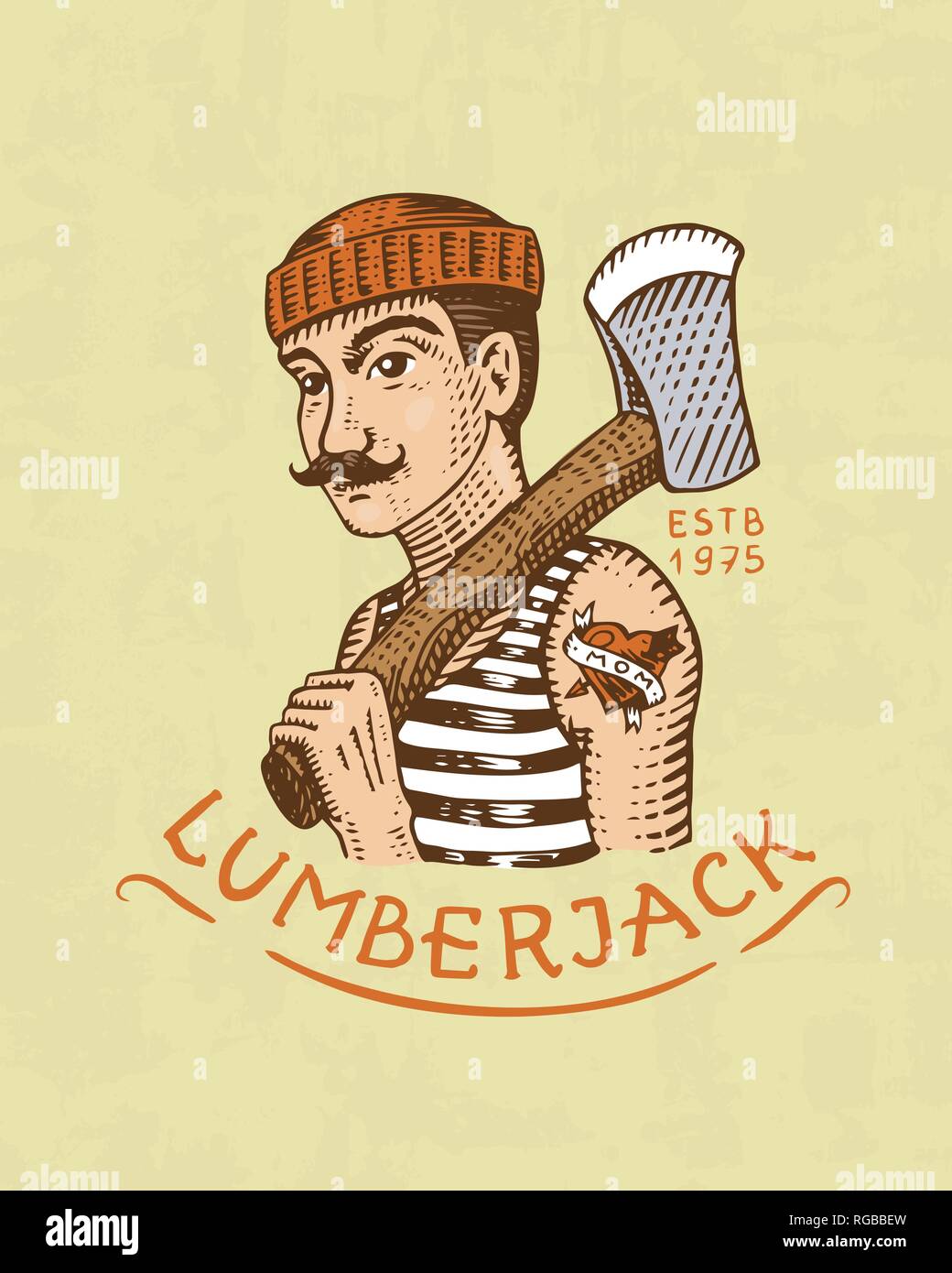 Il logo Lumberjack. Camping etichetta. . Viaggio nella foresta, all'aperto e di avventura e di alberi di pino. Badge colorati sulla lavagna. Disegnato a mano il perno vintage. Illustrazione Vettoriale