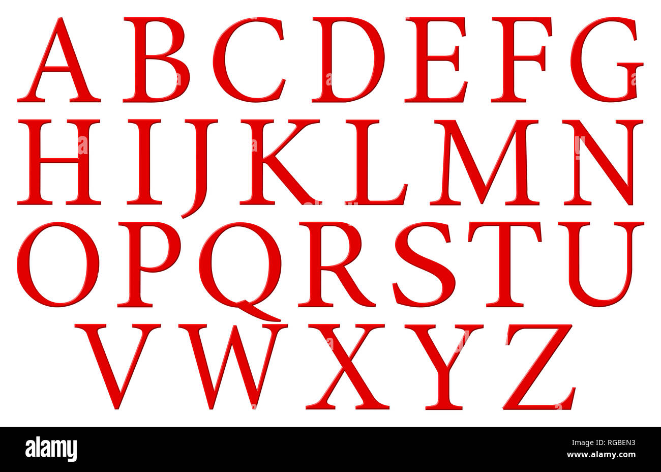 Set di alfabeto inglese lettere in maiuscolo, rosso, isolati su sfondo bianco, 3d illustrazione Foto Stock