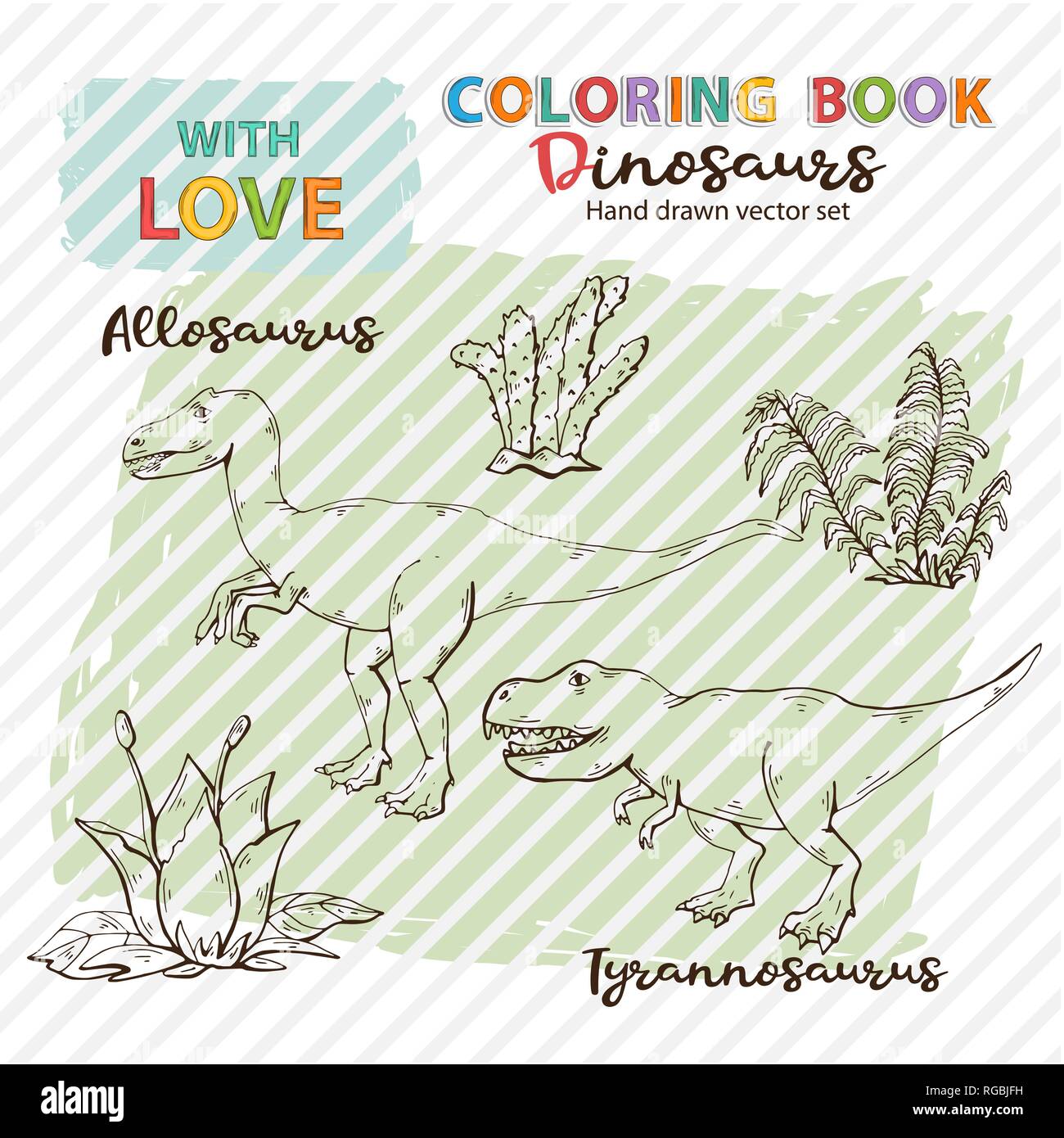 Libro da colorare Allosaurus e Tyrannosaurs con impianti e vettore di pietra Jurassic Flora e fauna.Gli animali selvatici i dinosauri.Antico carattere animale.Wild creature Illustrazione Vettoriale