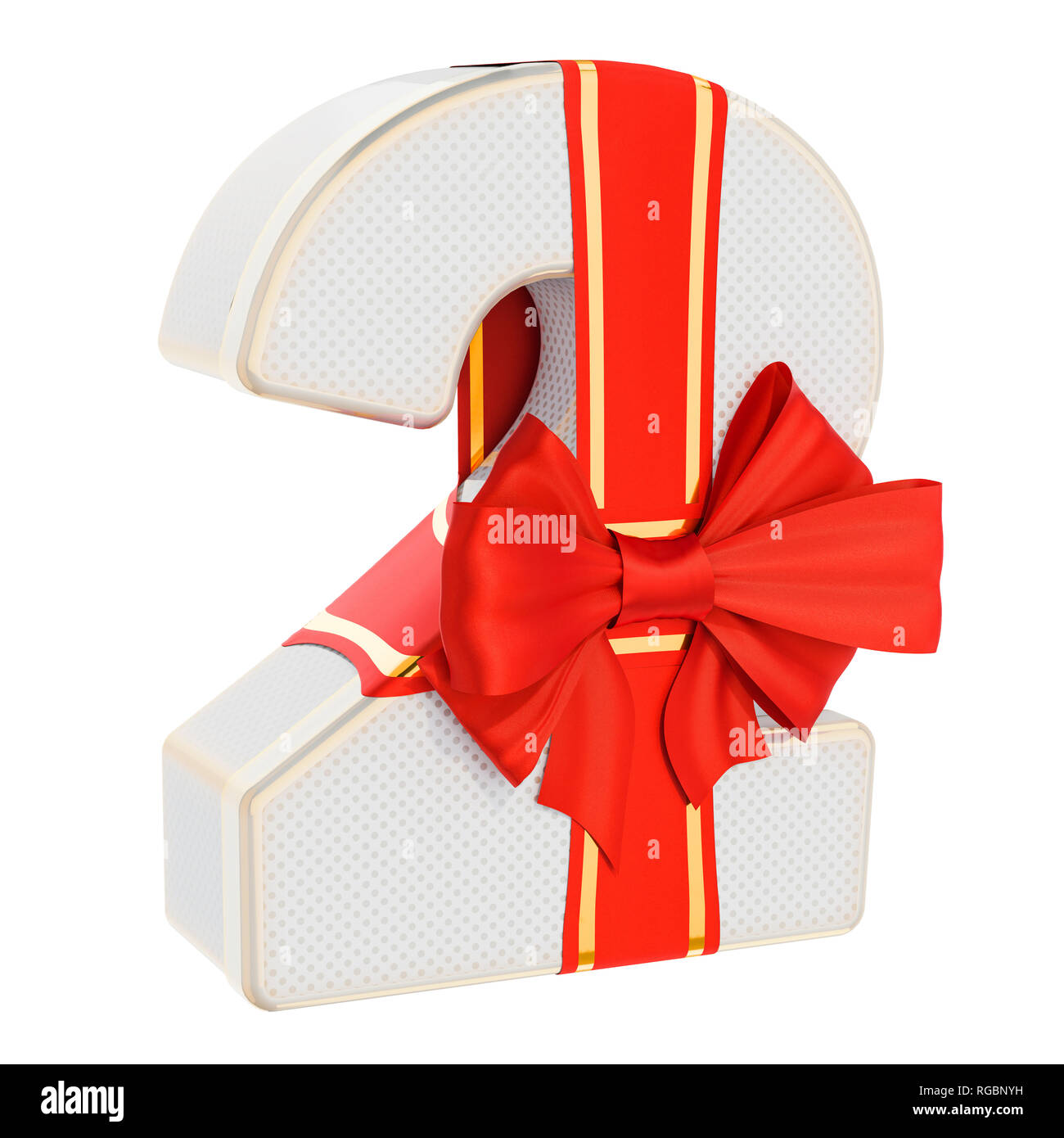 Numero 2 confezione regalo a forma di un numero due con il red ribbon bow. 3D rendering isolati su sfondo bianco Foto Stock