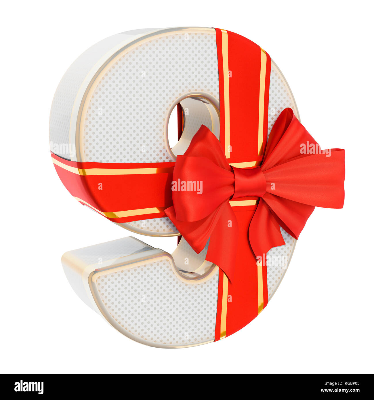 Numero 9 confezione regalo a forma di un numero nove con red ribbon bow. 3D rendering isolati su sfondo bianco Foto Stock