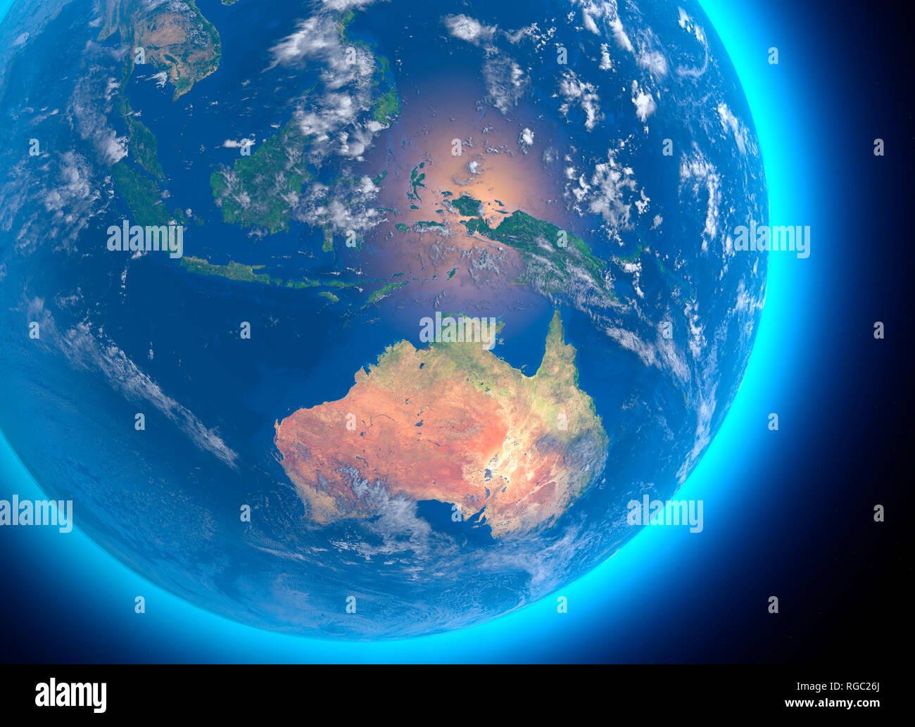 Cartina Fisica del mondo, vista satellitare di Australia. Oceania. Globo. Emisfero. Rilievi e oceani. Il rendering 3D Foto Stock
