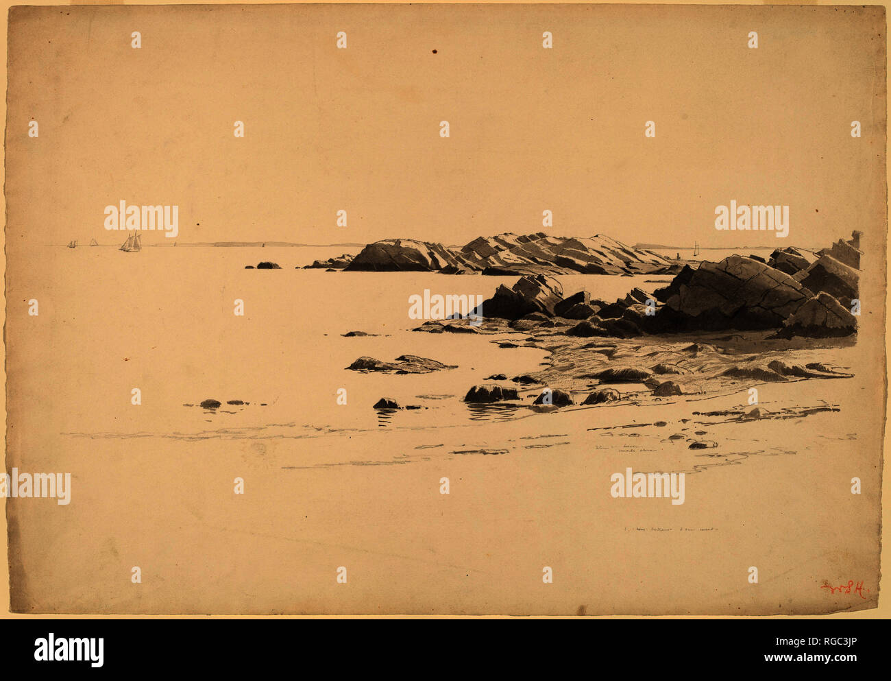Rocklined spiaggia con barche distanti. Data: probabilmente 1860/1869. Dimensioni: foglio: 38,9 × 56,3 cm (15 5/16 × 22 3/16 in.). Medium: Penna e inchiostro nero con grafite e grey wash. Museo: National Gallery of Art di Washington DC. Autore: William Haseltine Stanley. Foto Stock
