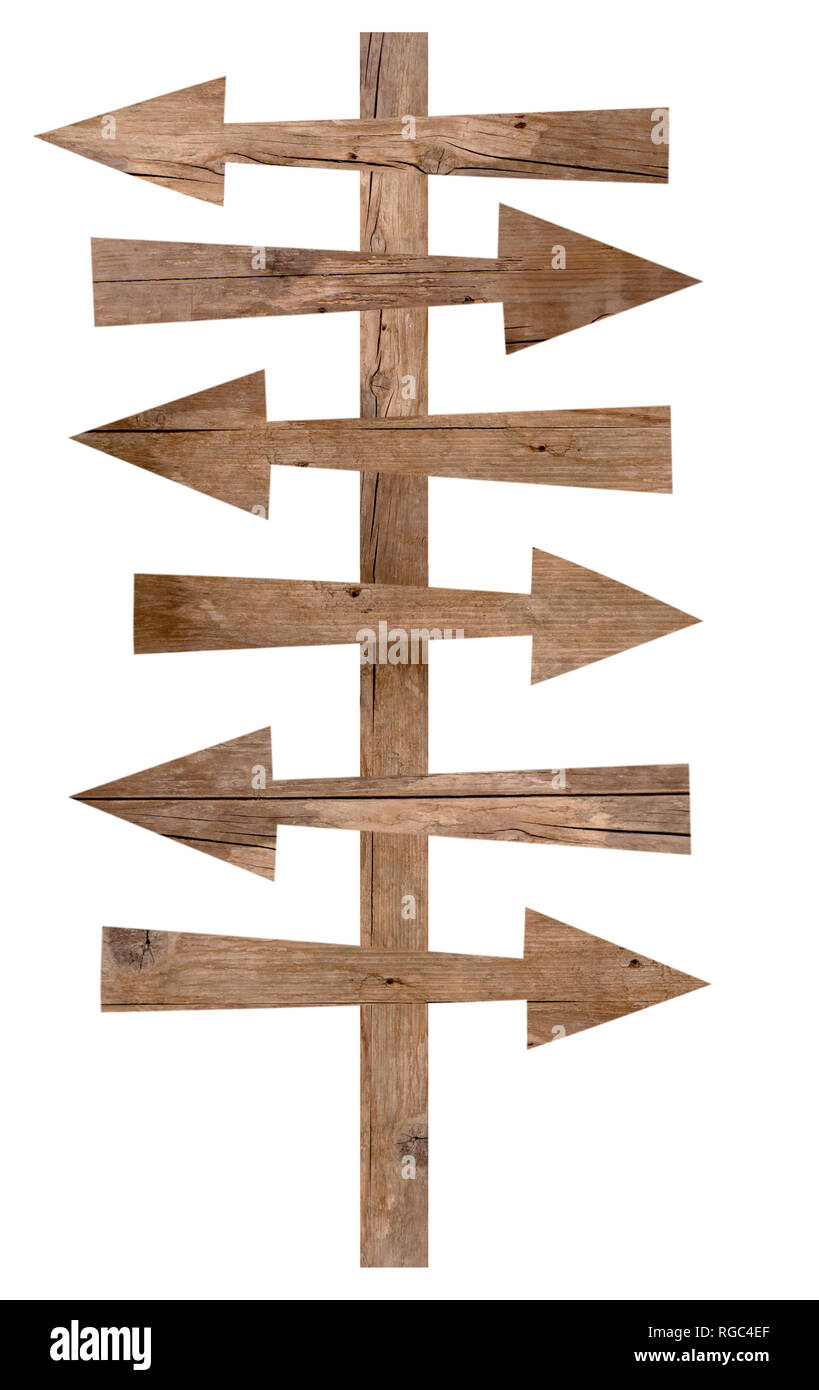 Freccia in legno signes su sfondo bianco Foto Stock