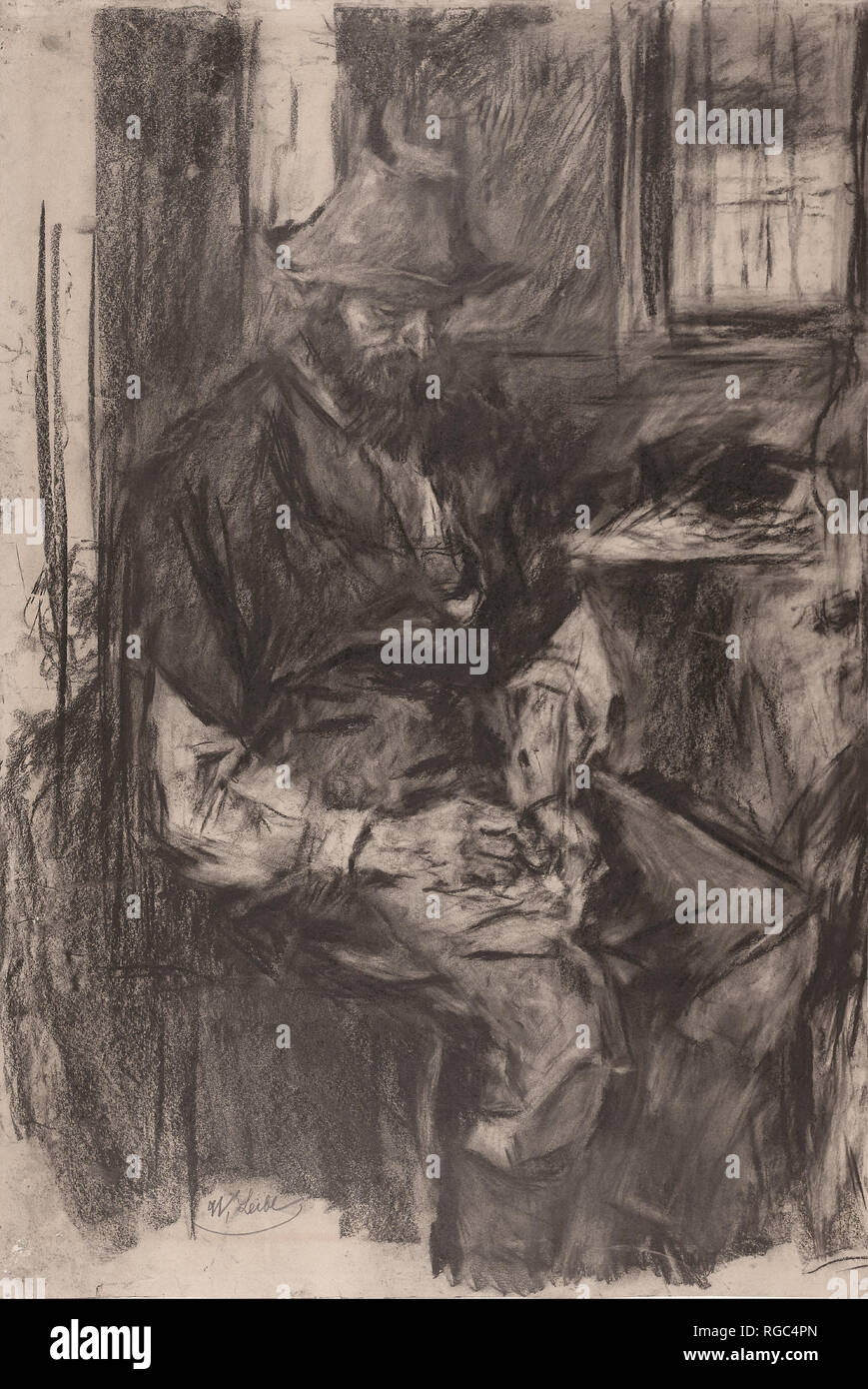 Coltivatore a una tabella, ripieno il suo tubo, 1894. Data/Periodo: 1894. Disegno. Nero Gessetto e carboncino su carta. Autore: Wilhelm Leibl. Foto Stock