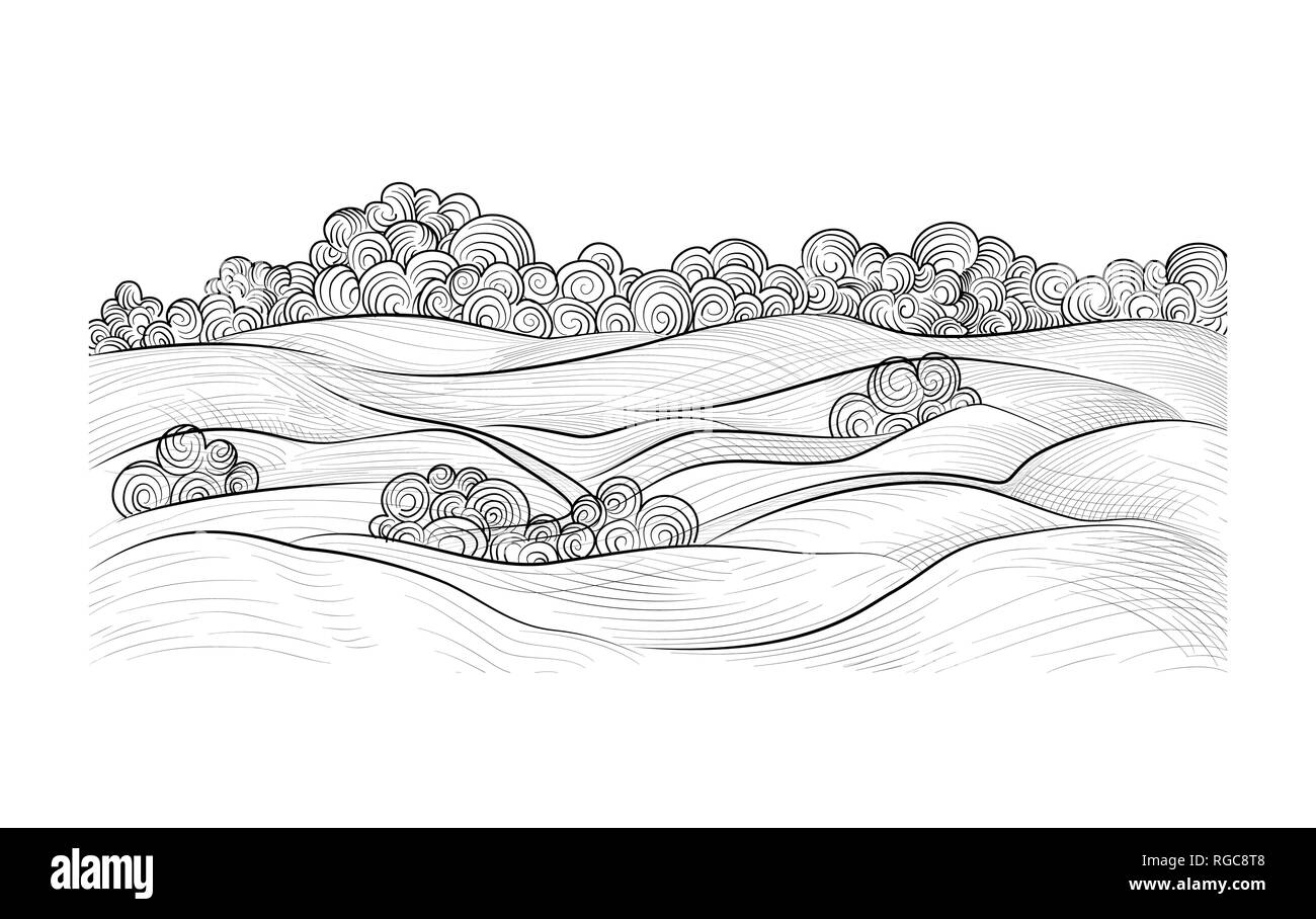 Paesaggio rurale. Campagna natura skyline background. Doodle disegnato a mano arte linea schizzo Illustrazione Vettoriale