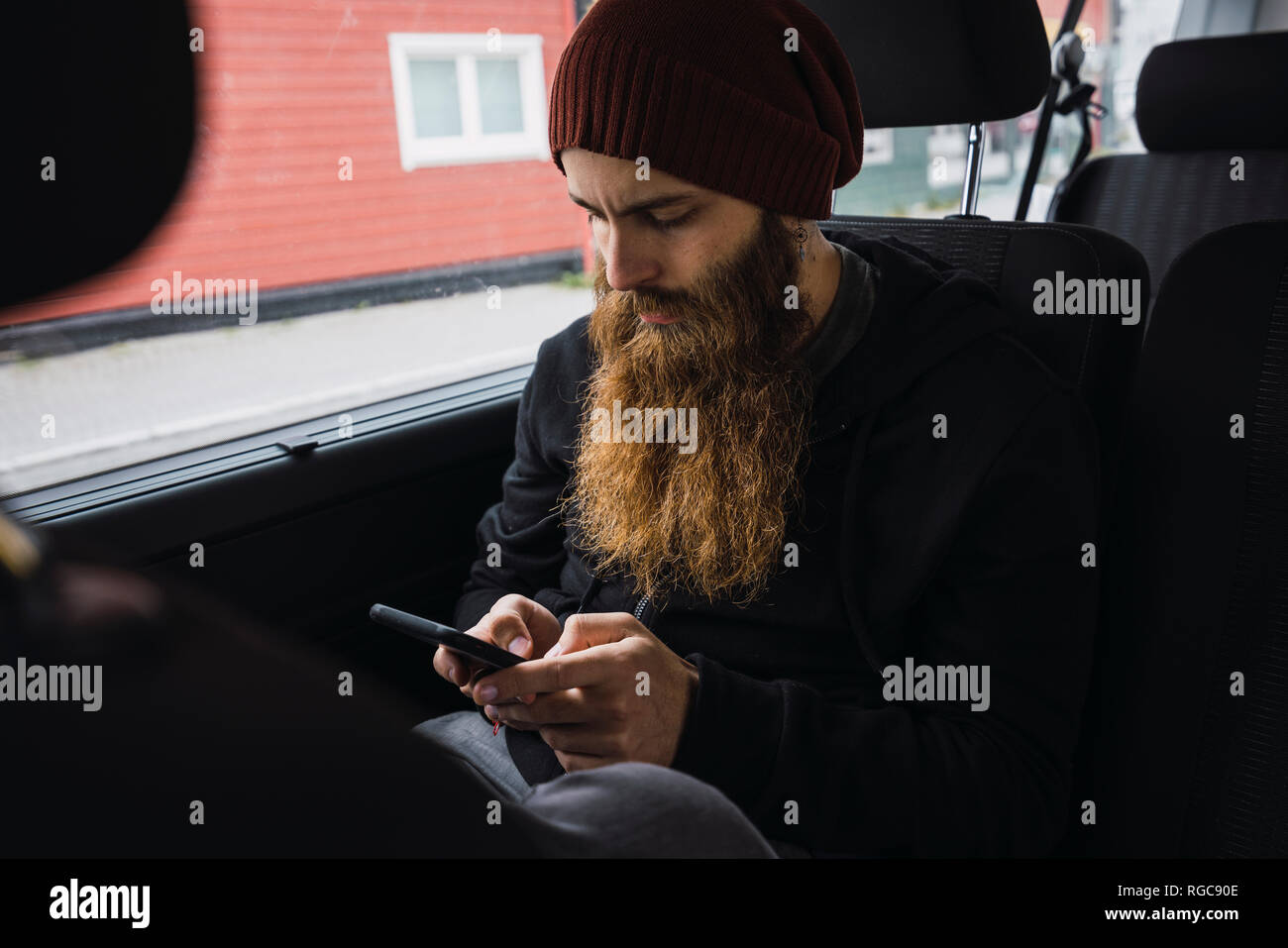Barbuto giovane uomo seduto sul sedile posteriore di un auto controllo telefono cellulare Foto Stock