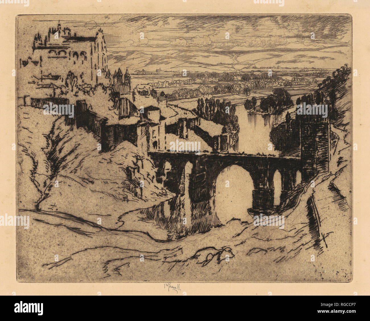 San Martin's Bridge e Toledo. Data: 1904. Dimensioni: piastra: 20.16 × 25,24 cm (7 15/16 × 9 15/16 in.) foglio: 23,65 x 29,53 cm (9 5/16 × 11 5/8 in.). Medium: attacco in nero su carta vergata. Museo: National Gallery of Art di Washington DC. Autore: Giuseppe Pennell. Foto Stock