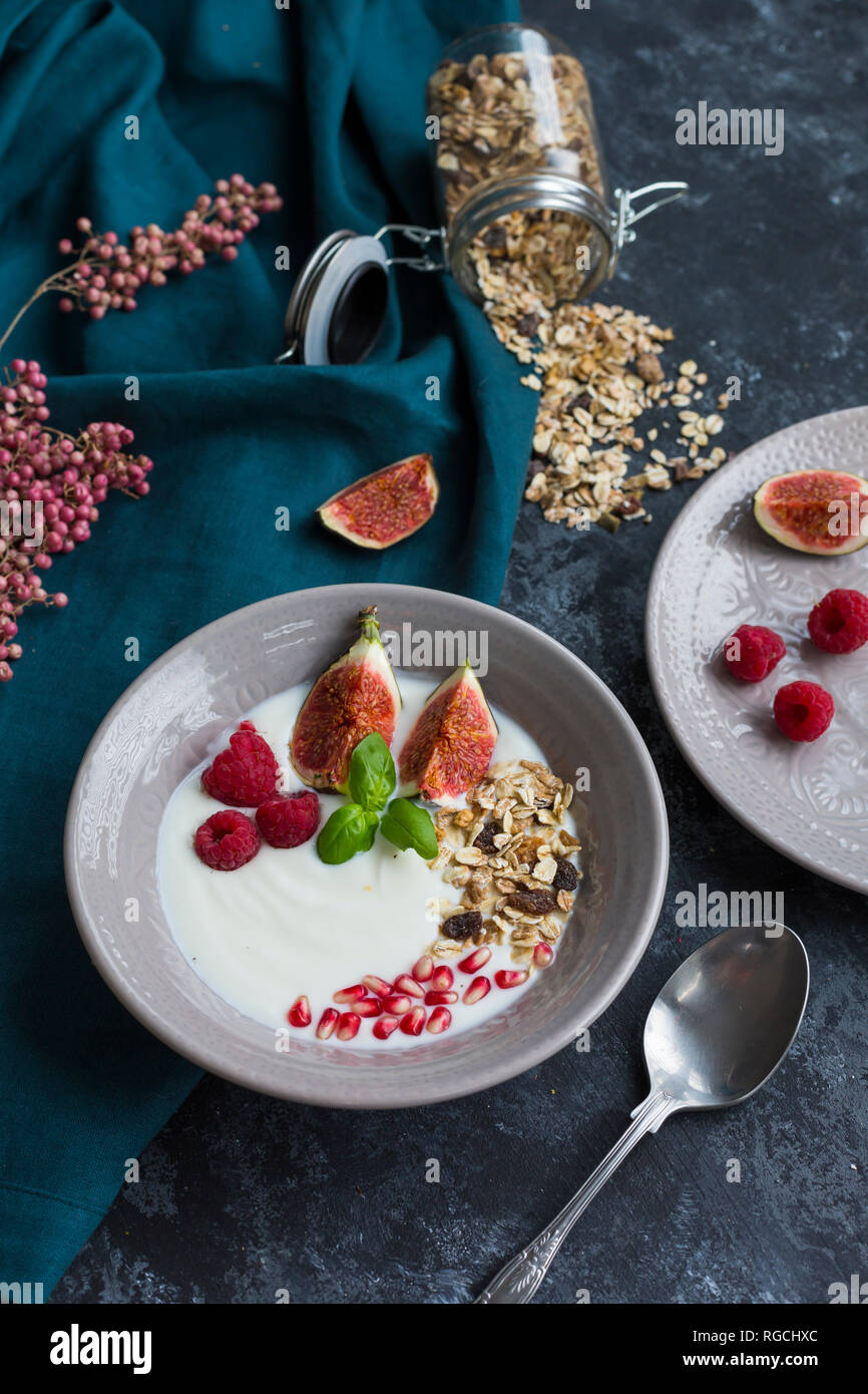 Ciotola di yogurt naturale con frutta muesli, lamponi, fichi e i semi di melograno Foto Stock