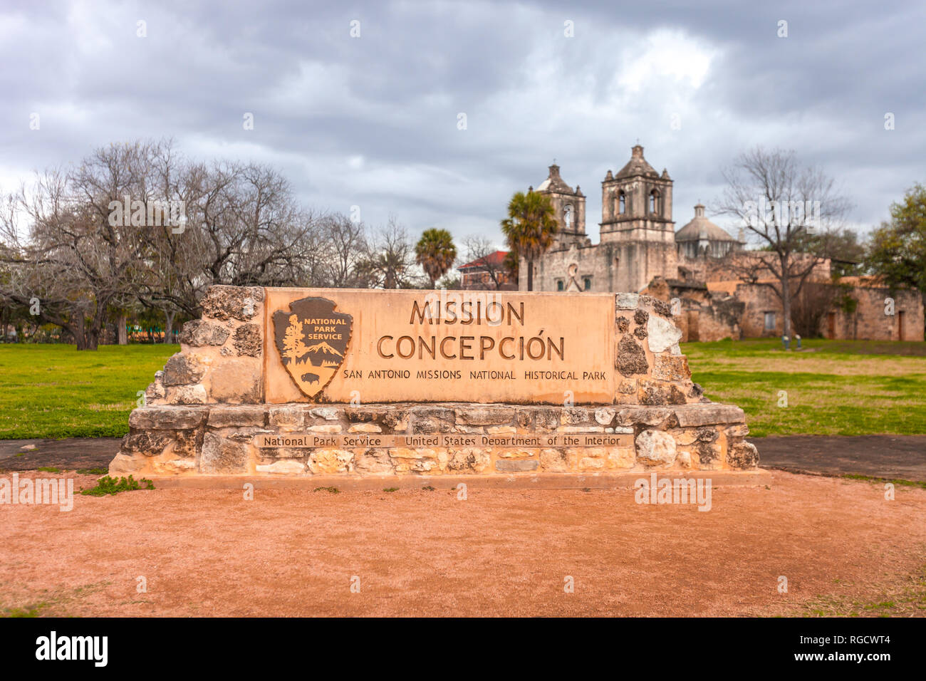 SAN ANTONIO, TEXAS - 26 gennaio 2019 - Missione concezione ingresso - esempio di architettura coloniale Spagnola - Sito UNESCO Foto Stock