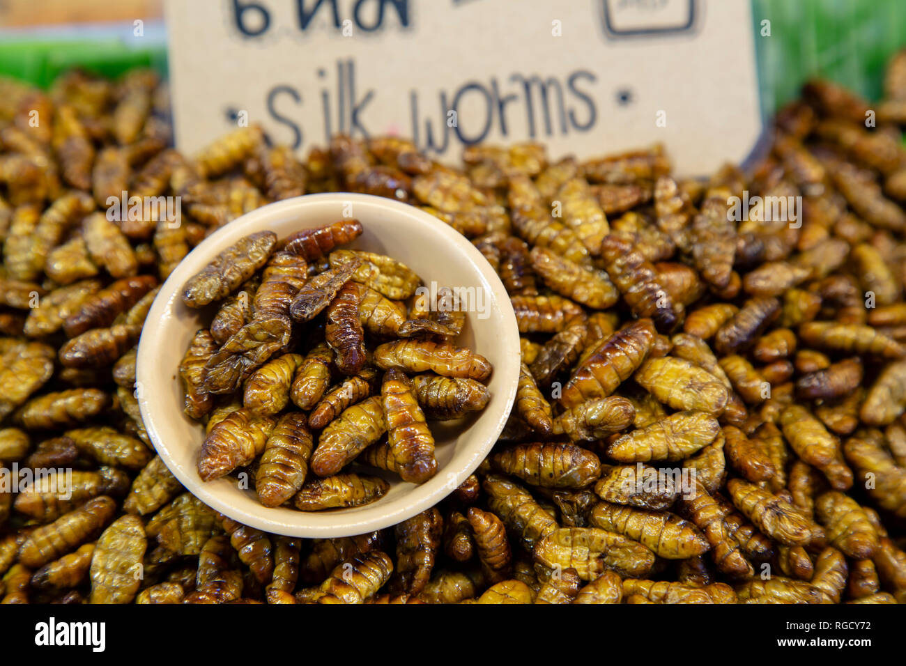 Una disposizione di un tradizionale Thai street food snack fritti di bug o insetti trovati nel mercato locale. Foto Stock