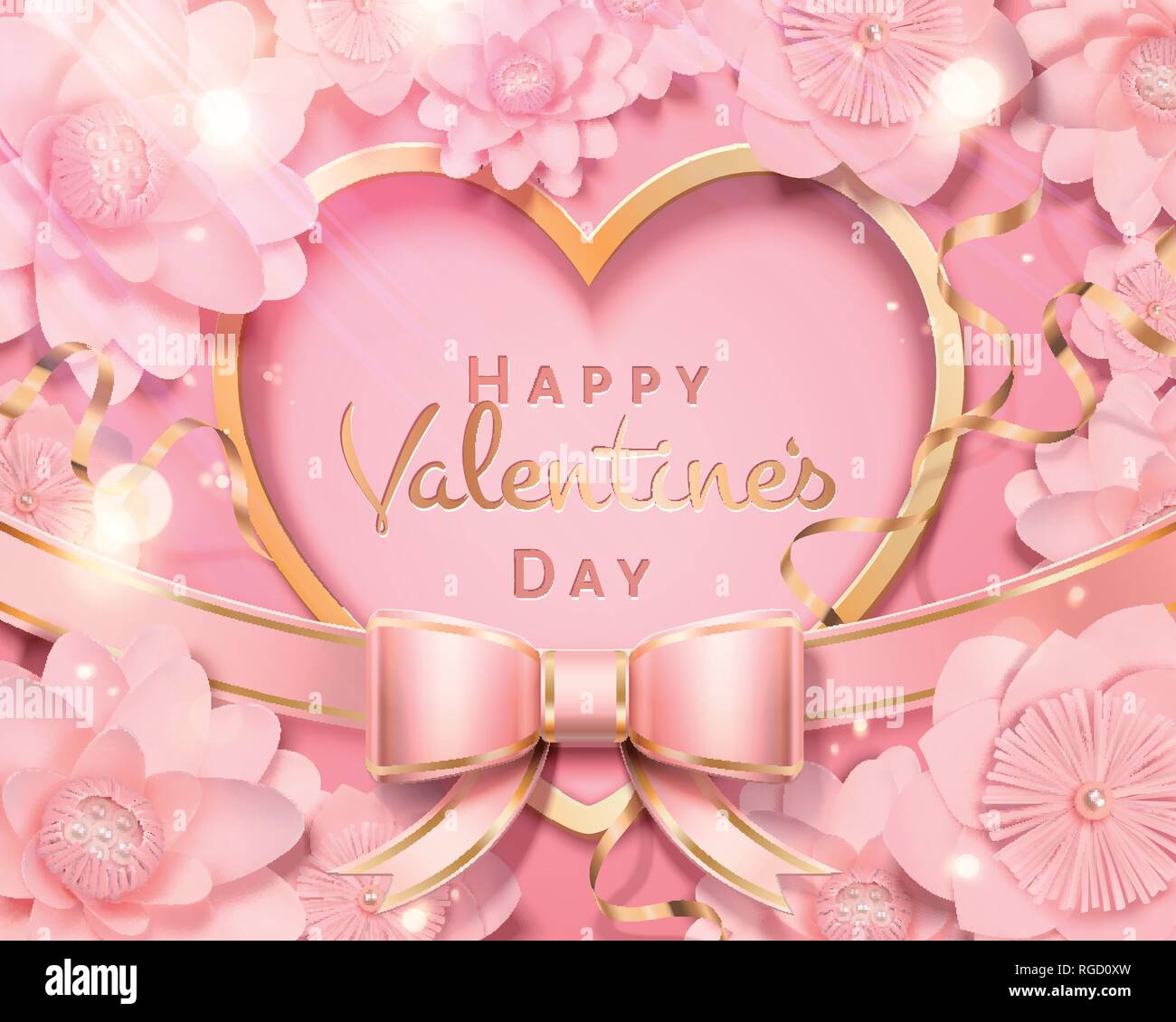 Buon San Valentino a forma di cuore e fiori di colore rosa con decorazioni in 3D illustrazione Illustrazione Vettoriale