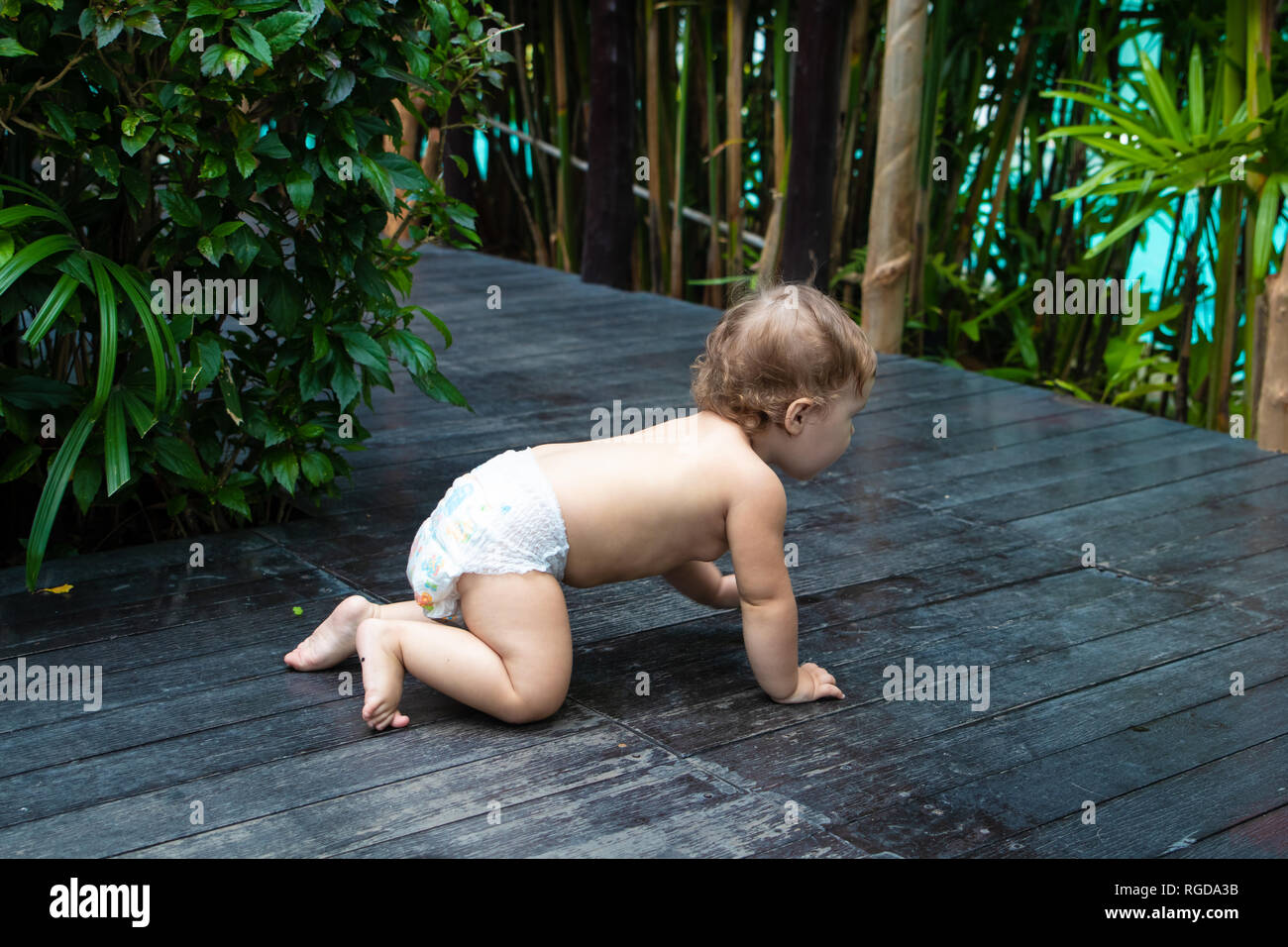 Piuttosto strisciando baby ragazza sorridente e strisciando sul legno marrone marciapiede sullo sfondo di cespugli verdi Foto Stock