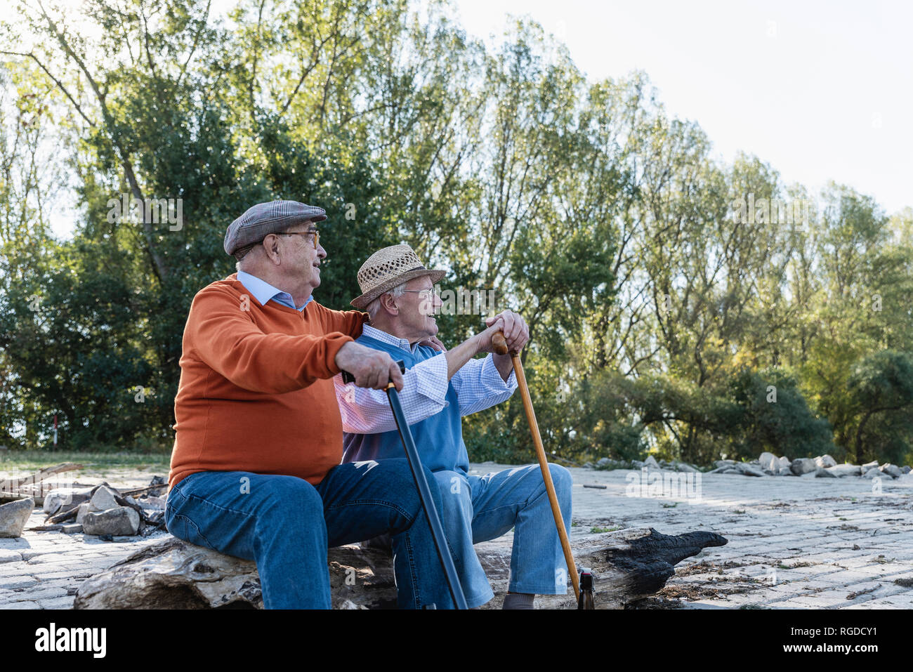 Due vecchi amici seduti su un tronco di albero dal Riverside, condivisione dei ricordi Foto Stock