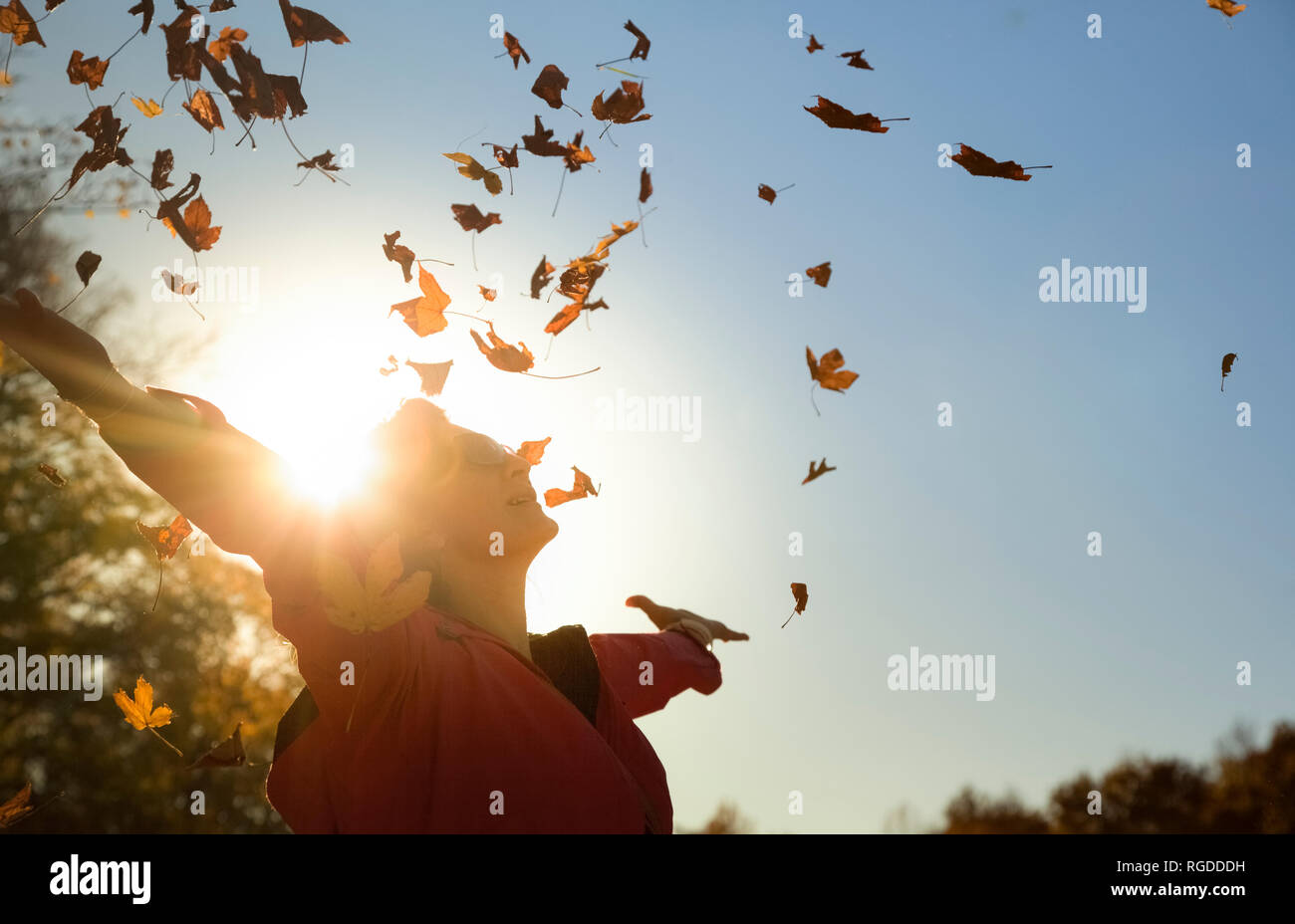 Donna gettando su foglie di autunno a retroilluminazione Foto Stock