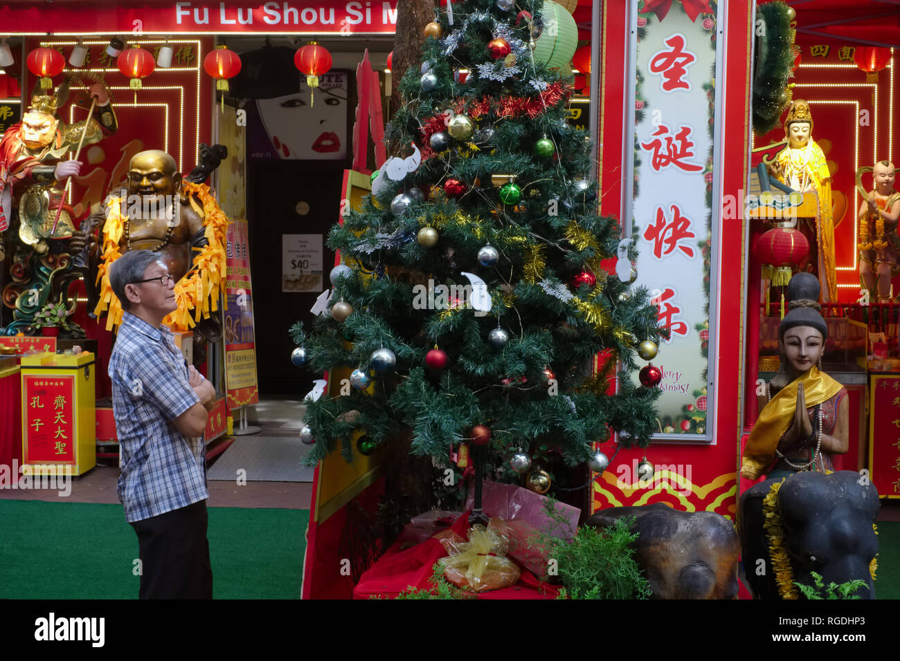 Un albero di Natale sorge tra le statue di divinità Taoista e altri religiosi statue, davanti a un negozio di oggetti religiosi, Waterloo San, Singapore Foto Stock