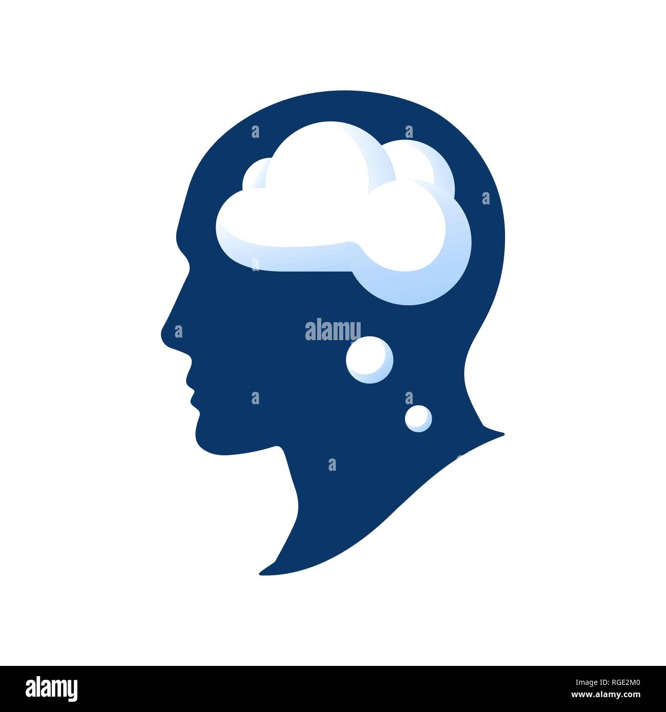 Silhouette di una testa con un vettore cloud illustation isolati su sfondo bianco. Il pensiero nella testa dell'uomo. Il cloud in testa umana Illustrazione Vettoriale