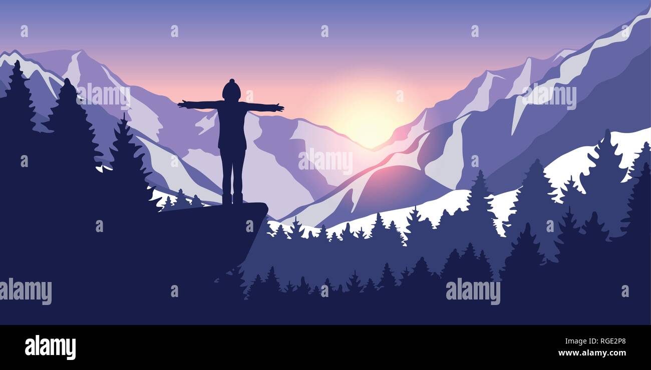 Avventura Trekking in montagna innevata ragazza su una scogliera a sunrise illustrazione vettoriale EPS10 Illustrazione Vettoriale