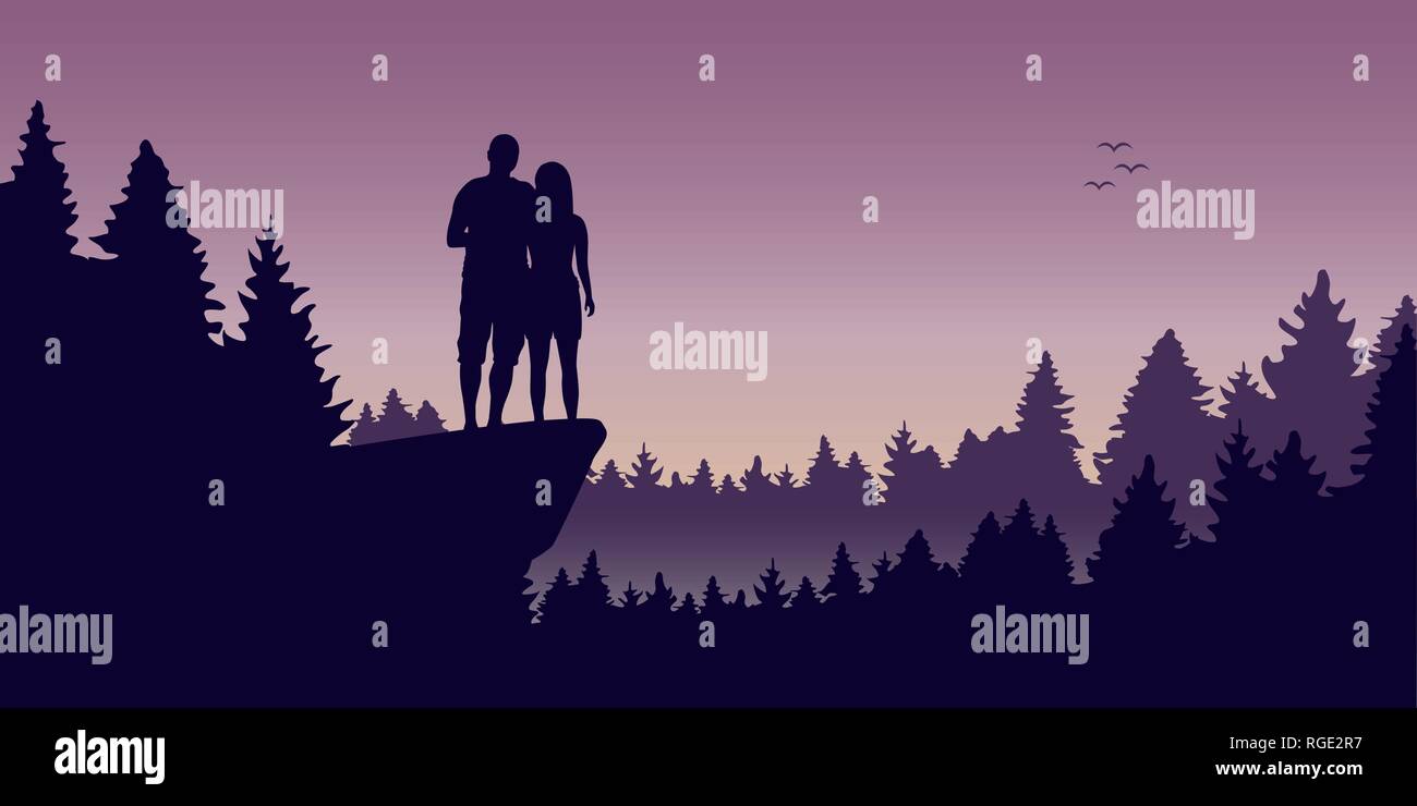 Coppia giovane su una scogliera nella foresta paesaggio romantico illustrazione vettoriale EPS10 Illustrazione Vettoriale