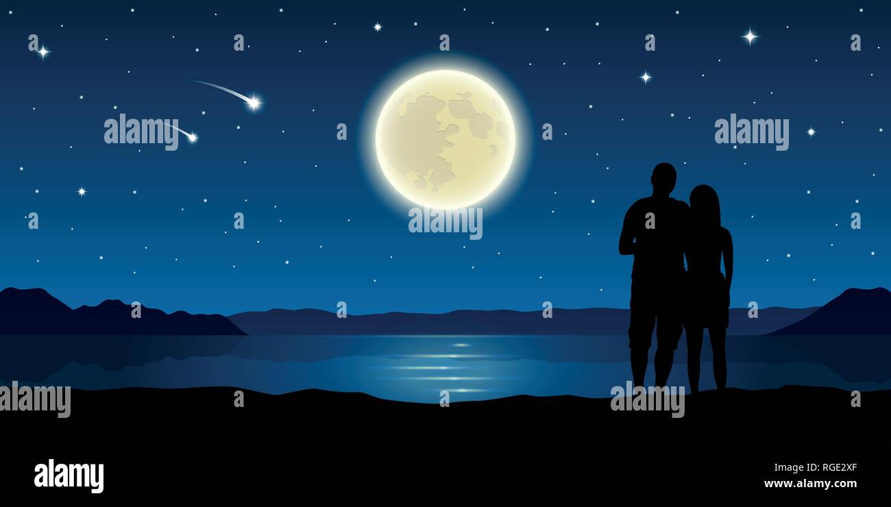 Notte romantica giovane in amore al lago con la luna piena e stelle cadenti illustrazione vettoriale EPS10 Illustrazione Vettoriale
