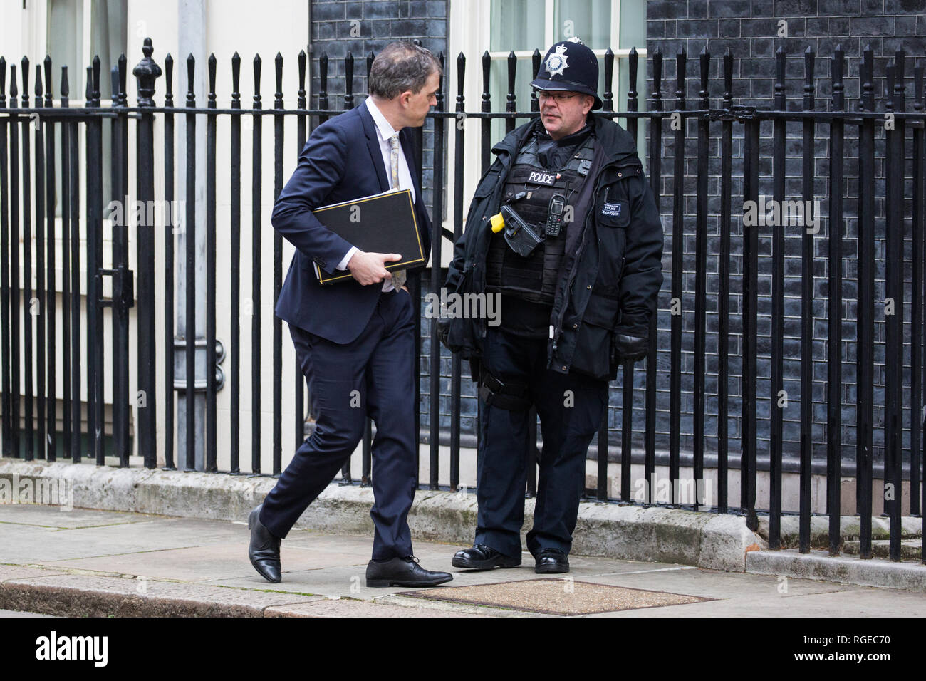 Londra, Regno Unito. 29 gen, 2019. Julian Smith MP, Chief Whip, foglie 10 Downing Street a seguito di una riunione del gabinetto il giorno delle votazioni in Aula dei comuni sugli emendamenti al Primo Ministro Theresa Maggio finale del ritiro Brexit accordo che potrebbe determinare il contenuto della prossima fase di negoziati con l'Unione europea. Credito: Mark Kerrison/Alamy Live News Foto Stock