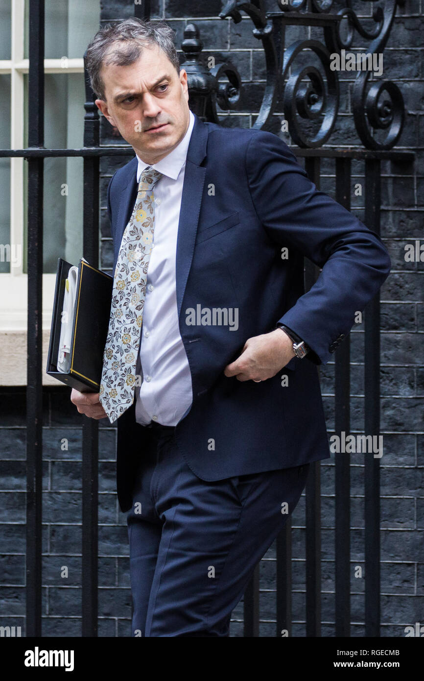 Londra, Regno Unito. Il 29 gennaio, 2019. Julian Smith MP, Chief Whip, foglie 10 Downing Street a seguito di una riunione del gabinetto il giorno delle votazioni in Aula dei comuni sugli emendamenti al Primo Ministro Theresa Maggio finale del ritiro Brexit accordo che potrebbe determinare il contenuto della prossima fase di negoziati con l'Unione europea. Credito: Mark Kerrison/Alamy Live News Foto Stock