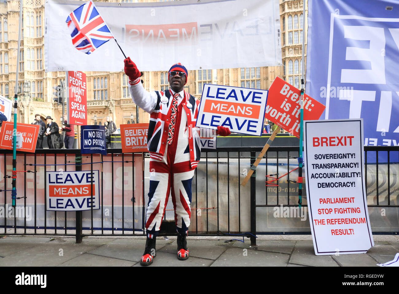 Londra REGNO UNITO. Il 29 gennaio 2019. Un Pro lasciare sostenitore dimostra al di fuori del Parlamento il giorno Primo Ministro Theresa Maggio che affronta molti dei principali emendamenti Brexit compresi Sir Brady l'emendamento per sostituire il fermo antiritorno irlandese e la modifica del lavoro di ritardare Brexit e articolo 50 se nessun accordo viene raggiunto dal 26 febbraio Credito: amer ghazzal/Alamy Live News Foto Stock