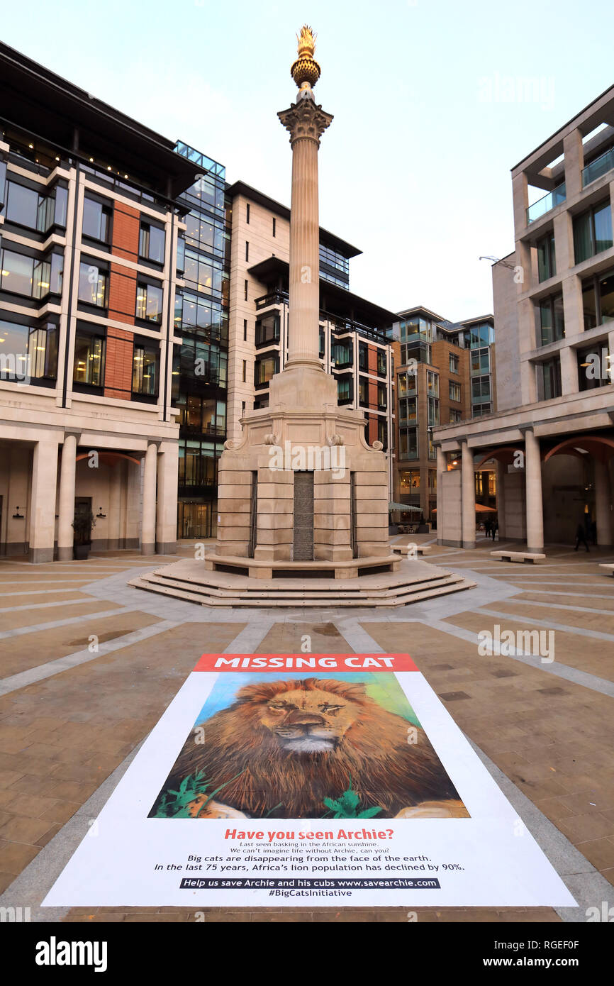 Londra, Regno Unito. Il 29 gennaio, 2019. Ora mi vedi, ORA NON TI MANCA gigante cat poster è un promemoria di stark che grande gatti stanno scomparendo davanti ai nostri occhi • emotiva artwork è stato commissionato da National Geographic per aumentare la consapevolezza della sua grande gatti iniziativa che lavora per arrestare il declino globale di grande gatti selvatici in • Il poster a scomparsa è stato progettato da artista di strada, Dean Zeus Colman, come un promemoria di struggente del ruolo che gli esseri umani in gioco la scomparsa del grande gatti • I Lions sono ormai scomparse dal 90% della loro gamma storica1 Credito: Oliver Dixon/Alamy Live News Foto Stock