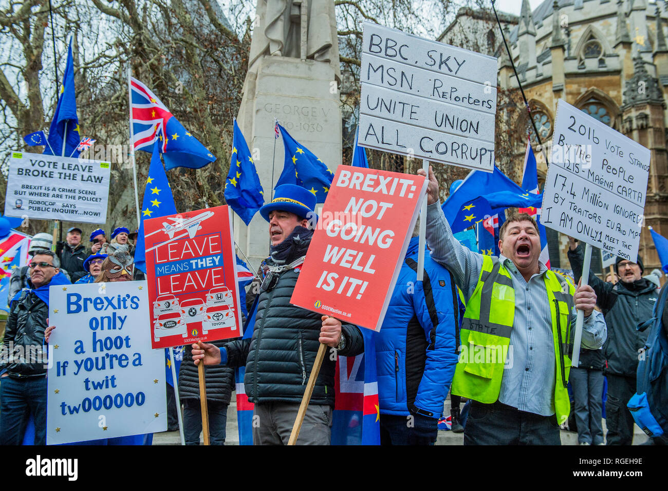 Londra, Regno Unito. Il 29 gennaio, 2019. Lasciare significa lasciare e SODEM, pro UE, i manifestanti continuano a fare i loro punti, affiancate al di fuori del Parlamento come la prossima votazione su Theresa Maggio il piano è a causa di questa sera. Credito: Guy Bell/Alamy Live News Foto Stock