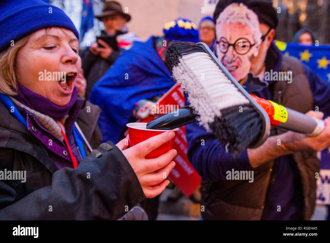 Londra, Regno Unito. Il 29 gennaio, 2019. Un uomo in James Dyson maschere mani Singapore imbracature dal suo spoof Dyson aspirapolvere - Lasciare significa lasciare e SODEM, pro UE, i manifestanti continuano a fare i loro punti, affiancate al di fuori del Parlamento come la prossima votazione su Theresa Maggio il piano è a causa di questa sera. Credito: Guy Bell/Alamy Live News Foto Stock