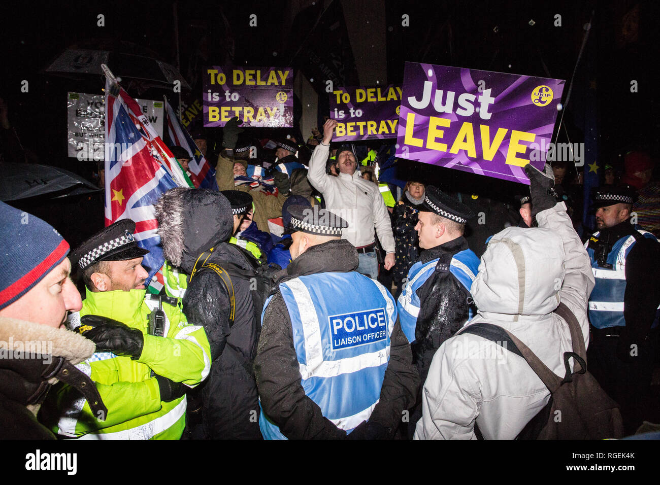 Londra, Regno Unito. Il 29 gennaio, 2019. Rivale pro- e anti-Brexit manifestanti raccogliere al di fuori del Parlamento sotto la pioggia come MPs votazione sugli emendamenti al Primo Ministro Brexit finale accordo di ritiro che potrebbe determinare il contenuto della prossima fase di negoziati con l'Unione europea. Credito: Mark Kerrison/Alamy Live News Foto Stock