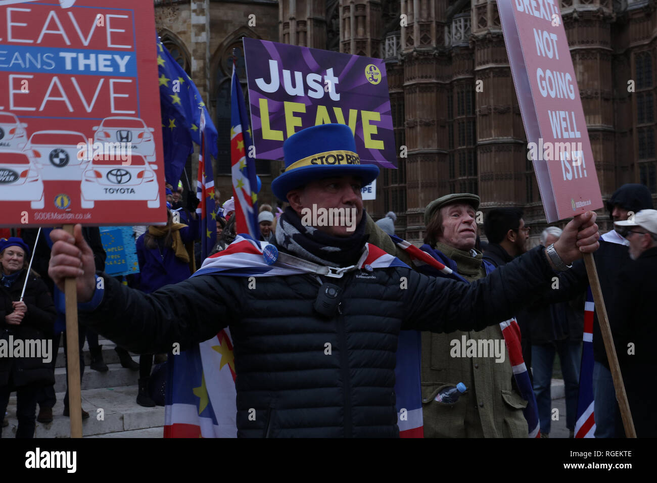 Londra, Regno Unito. Il 29 gennaio, 2019. Signor Stop Brexit, Steve Bray e un Brexiteer, ciascuno con schede di protesta di fronte al parlamento di Londra, Regno Unito. Credito: Joe Kuis / Alamy Live News Foto Stock