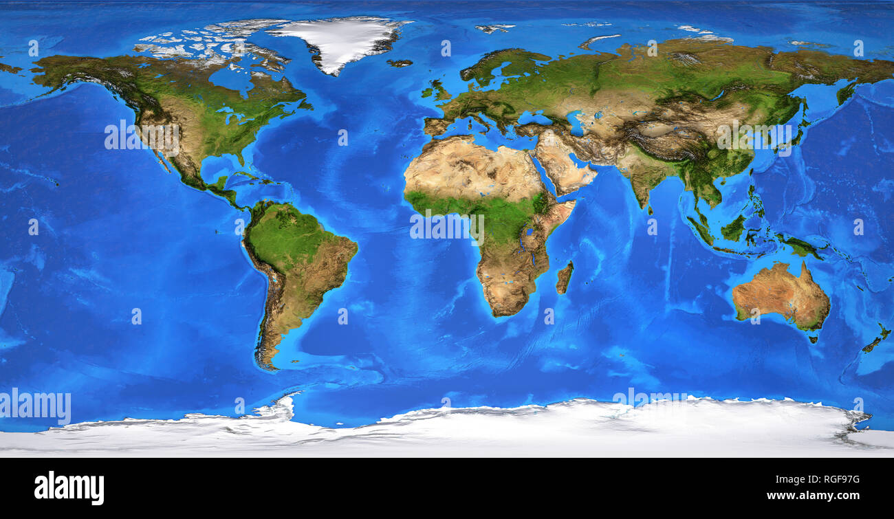 Dettagliata vista piana del pianeta Terra e la sua landforms. Global appiattita mappa del mondo. Planisfero in stagione estiva. 3D'illustrazione - elementi di questo Foto Stock
