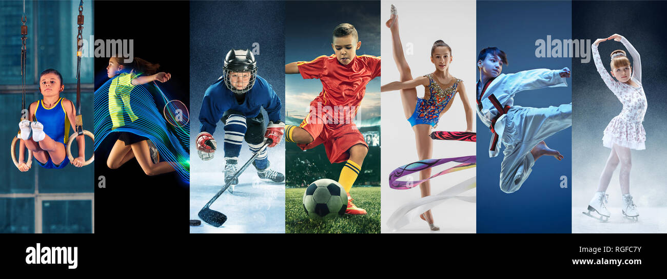 Attacco. Sport collage circa teen o atleti minorenni o giocatori. Il calcio, badminton, hockey su ghiaccio, pattinaggio artistico, karate arti marziali, ginnastica ritmica. Bambini e bambine in azione o il movimento Foto Stock