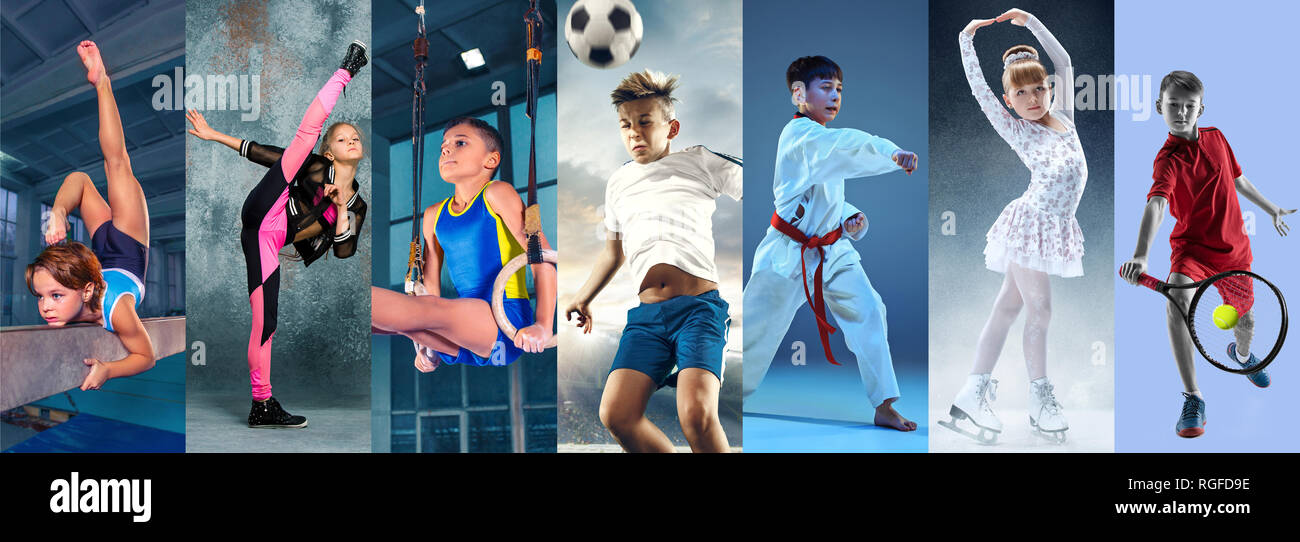 Sport collage circa teen o atleti minorenni o giocatori. Il calcio, pattinaggio artistico, tennis, karate arti marziali, ginnastica ritmica. Bambini e bambine in azione o il movimento Foto Stock