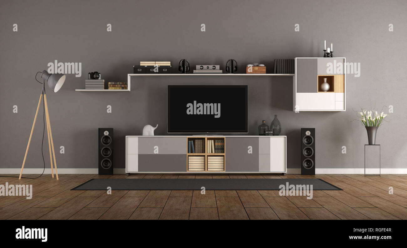 Camera minimalista con il sistema di home cinema con libreria - il rendering 3D Foto Stock