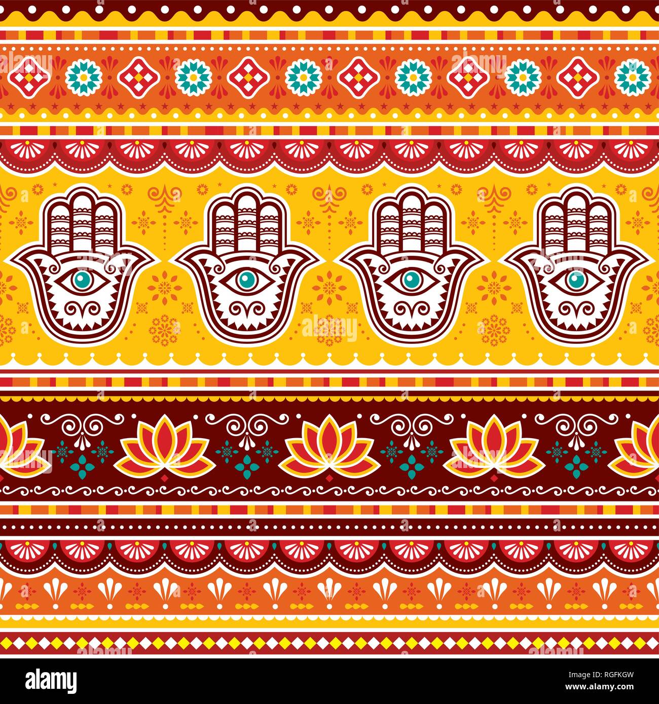 Il pakistan o indiano arte carrello vector pattern senza soluzione di continuità con la HAMSA mani, decorativi carrello design floreale di fiori e di forme astratte Illustrazione Vettoriale