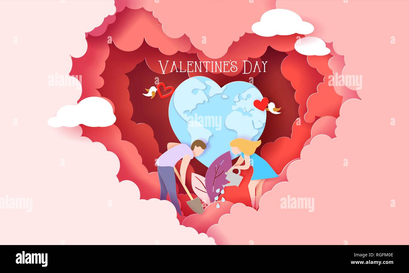 Valentines Day card con paio di prendersi cura dell'amore cuore pianta con globo terrestre all'interno di rosso le nuvole a forma di cuore. Illustrazione Vettoriale. Carta tagliata stile. Illustrazione Vettoriale